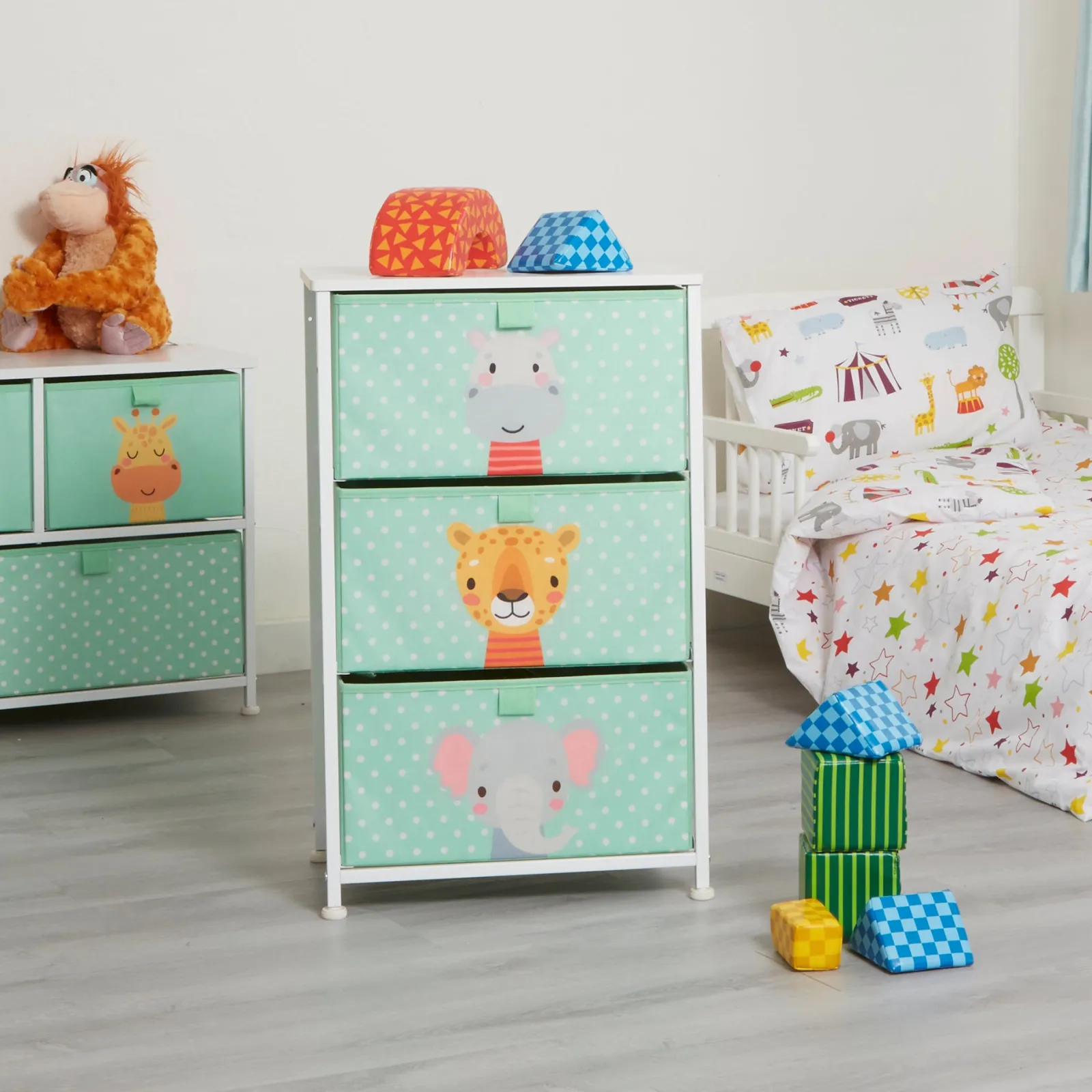 Kinder Little Helper Montessori Dschungelsafari Spielzeugaufbewahrung mit Schubladen | Nachttisch für Kinder | 73 x 45 x 30 cm