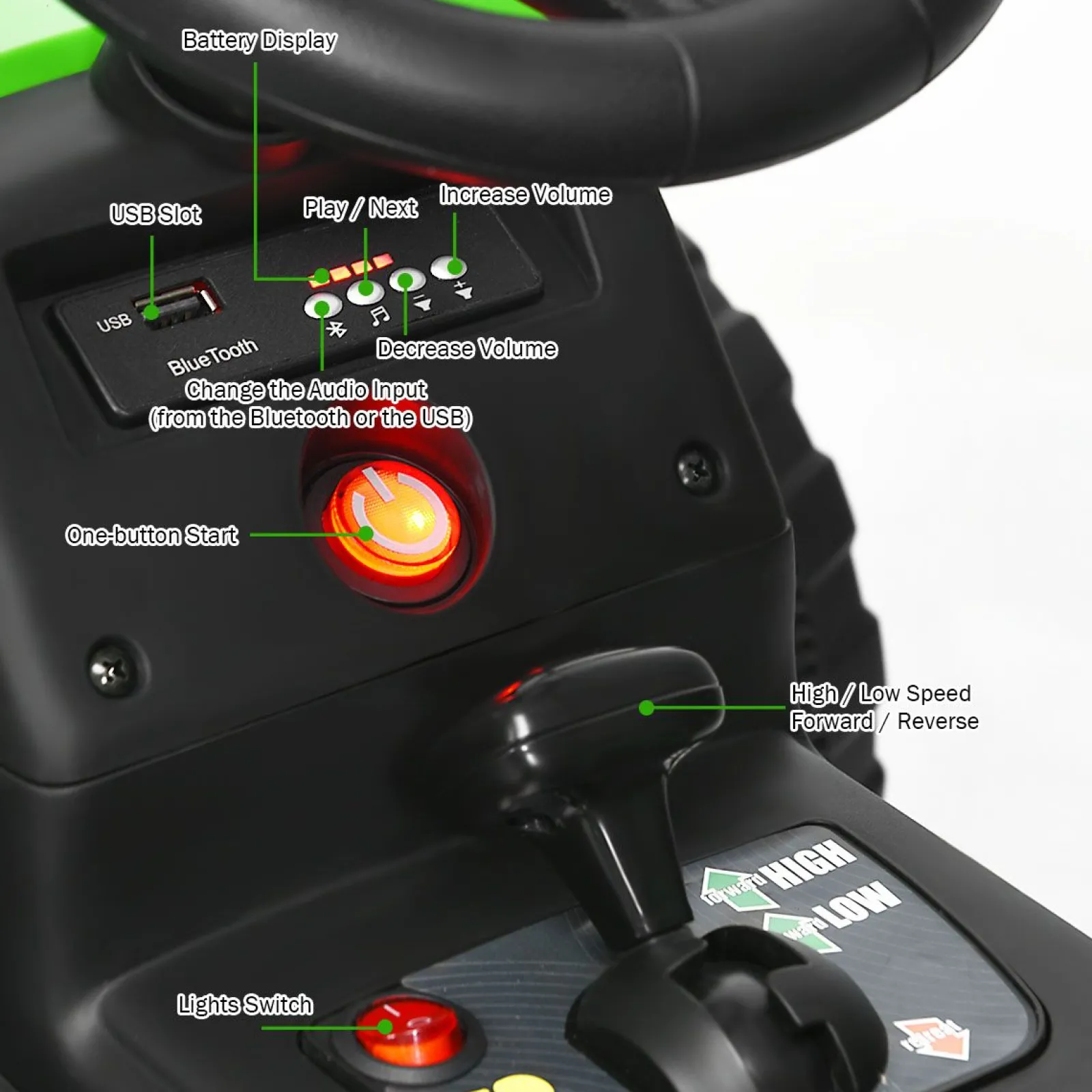 Little Helper Montessori Elektrofahrzeug | 12V Kinder-Aufsitztraktor mit Anhängermusik und LED-Lichtern | Farboptionen | 3 Jahre+