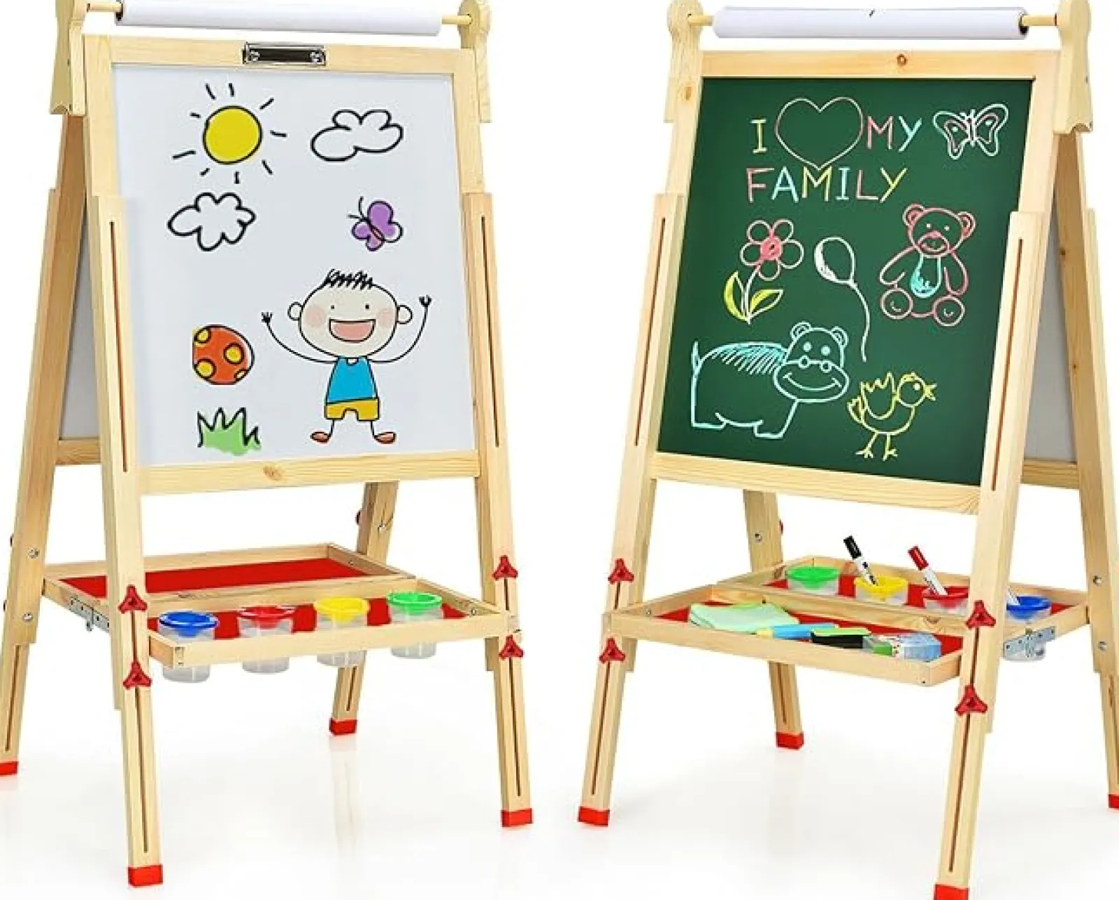 Kinder Little Helper Montessori Höhenverstellbare Staffelei Aus Ökoholz | Whiteboard, Tafel | Papierrolle | Farbtöpfe | Kreiden Und Magnete | 3-12 Jahre