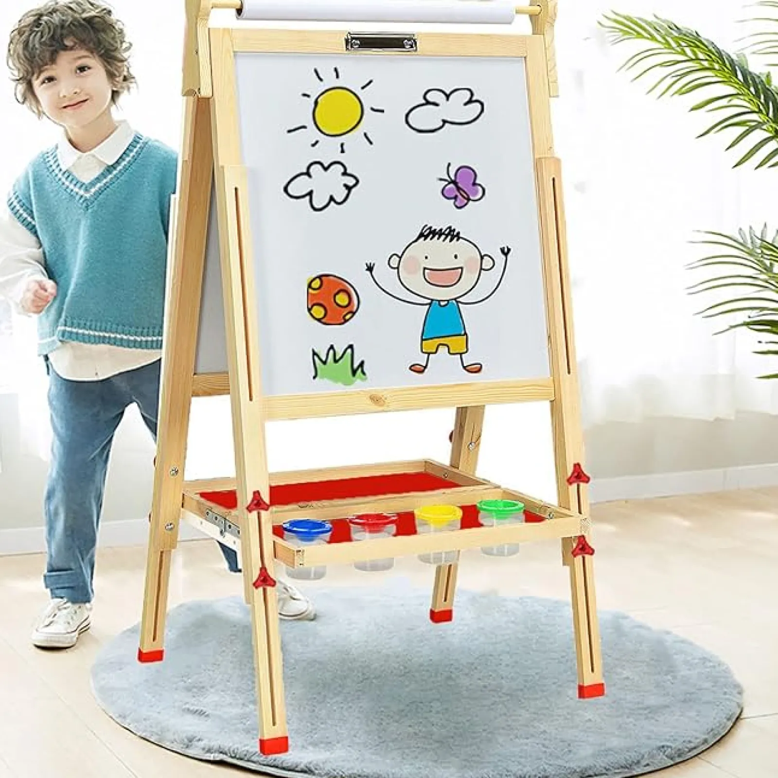 Kinder Little Helper Montessori Höhenverstellbare Staffelei Aus Ökoholz | Whiteboard, Tafel | Papierrolle | Farbtöpfe | Kreiden Und Magnete | 3-12 Jahre