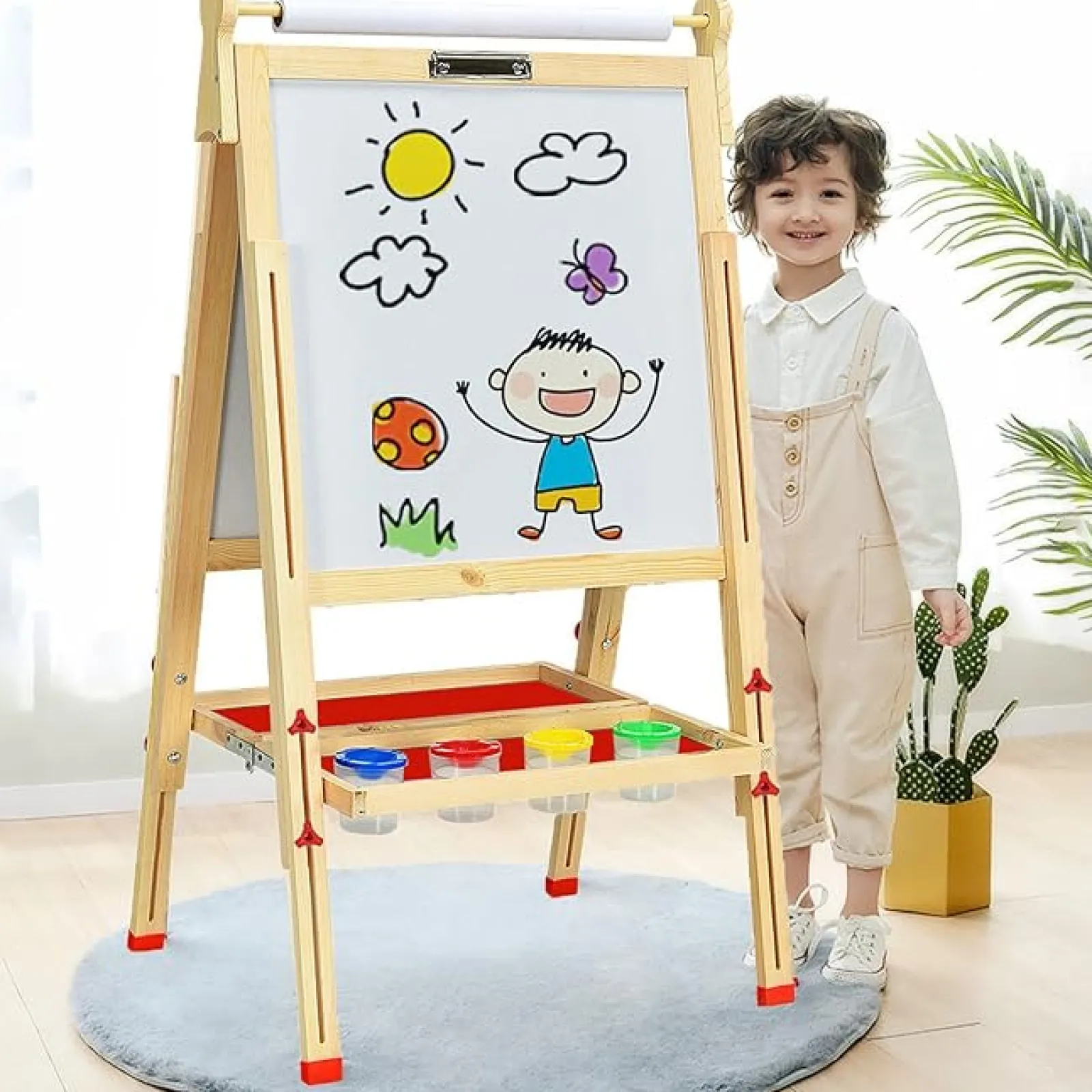 Kinder Little Helper Montessori Höhenverstellbare Staffelei Aus Ökoholz | Whiteboard, Tafel | Papierrolle | Farbtöpfe | Kreiden Und Magnete | 3-12 Jahre