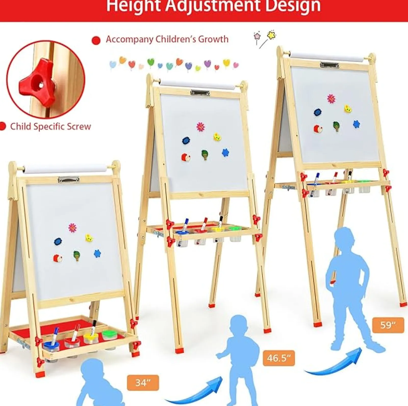 Kinder Little Helper Montessori Höhenverstellbare Staffelei Aus Ökoholz | Whiteboard, Tafel | Papierrolle | Farbtöpfe | Kreiden Und Magnete | 3-12 Jahre