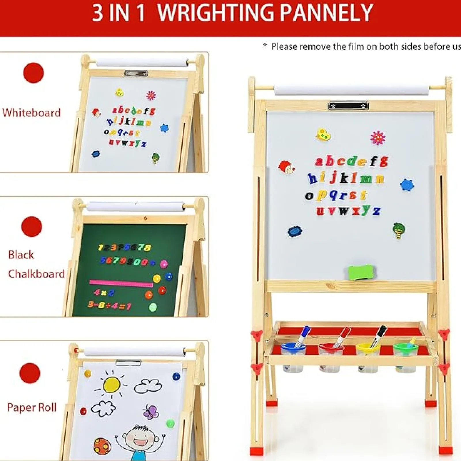 Kinder Little Helper Montessori Höhenverstellbare Staffelei Aus Ökoholz | Whiteboard, Tafel | Papierrolle | Farbtöpfe | Kreiden Und Magnete | 3-12 Jahre