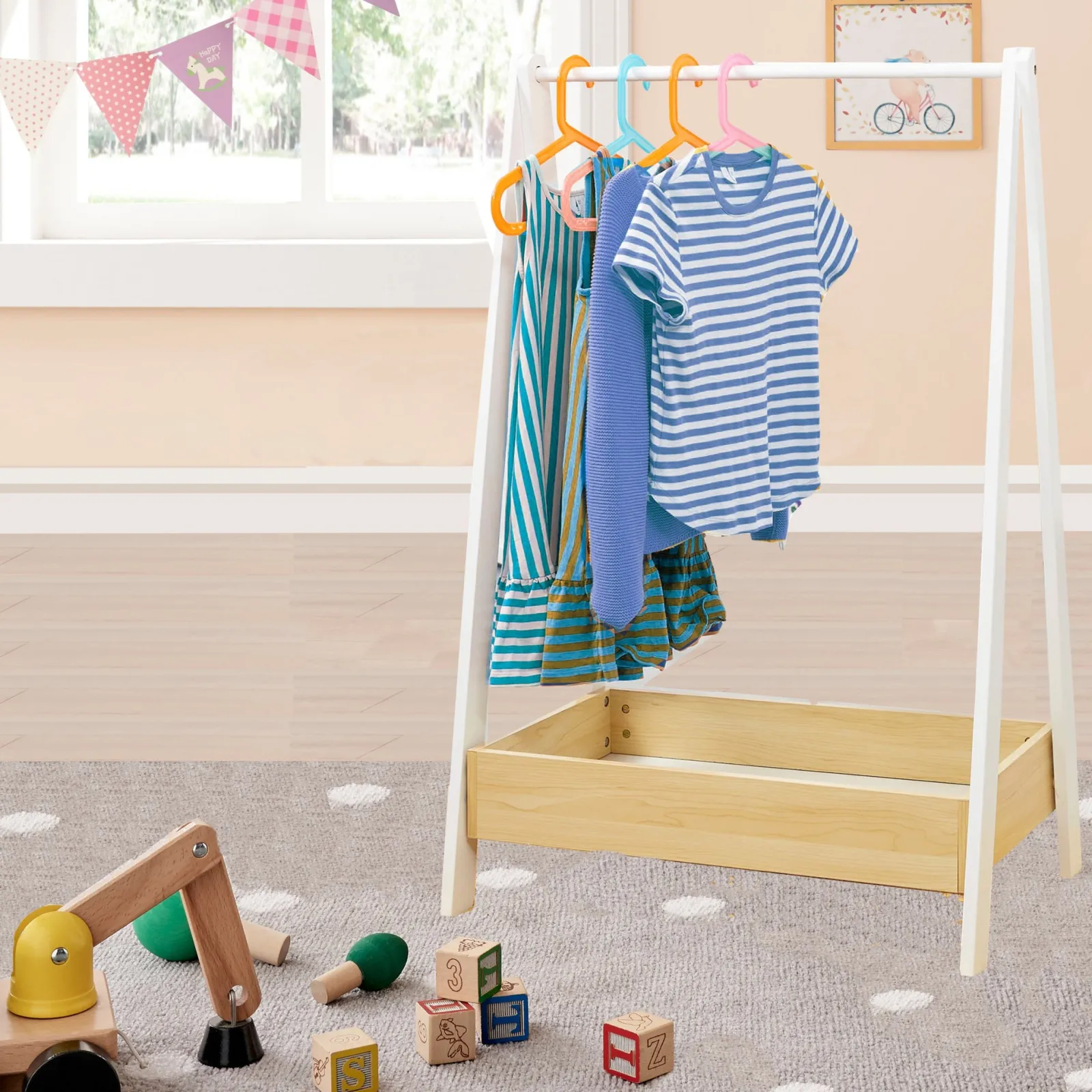 Kinder Little Helper Montessori Holz-Kleiderstange für Kinder mit Stauraum | Dress-up-Schiene | 98 cm hoch
