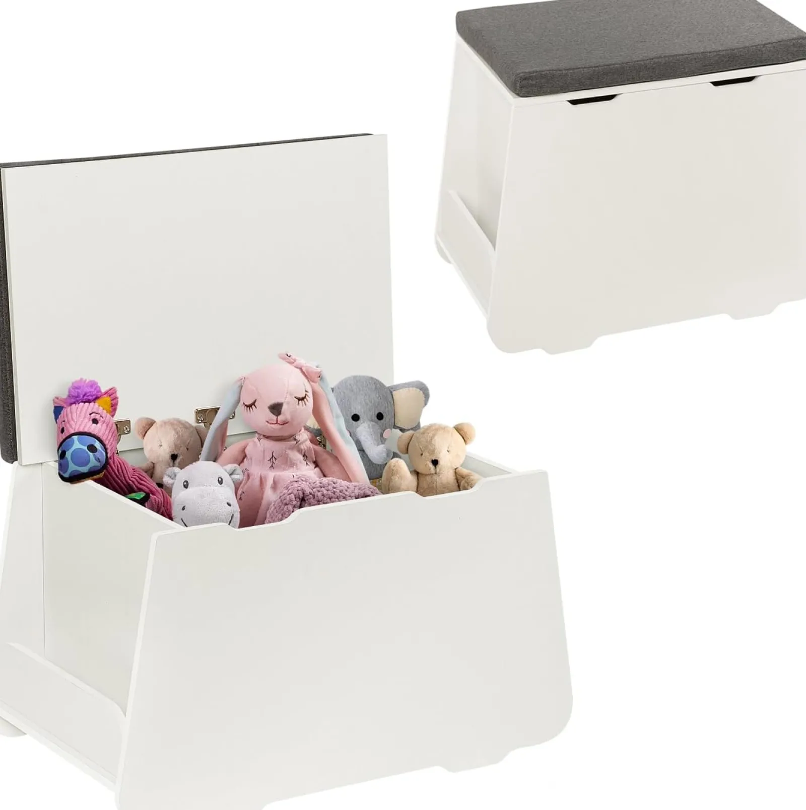 Kinder Little Helper Montessori Holzspielzeugkiste mit Deckel | Grau gepolsterter Sitz | Aufbewahrungstruhe | Weiß