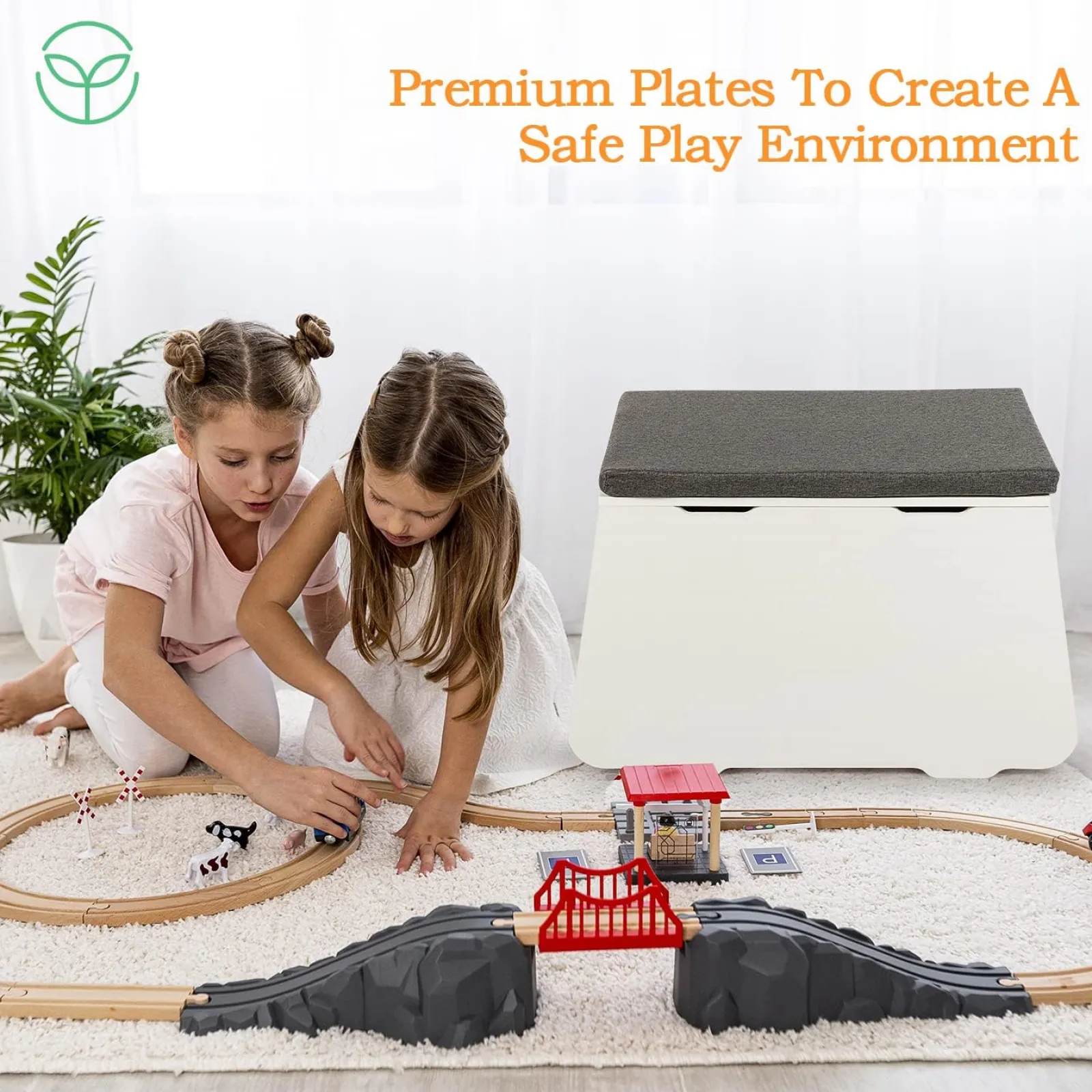 Kinder Little Helper Montessori Holzspielzeugkiste mit Deckel | Grau gepolsterter Sitz | Aufbewahrungstruhe | Weiß
