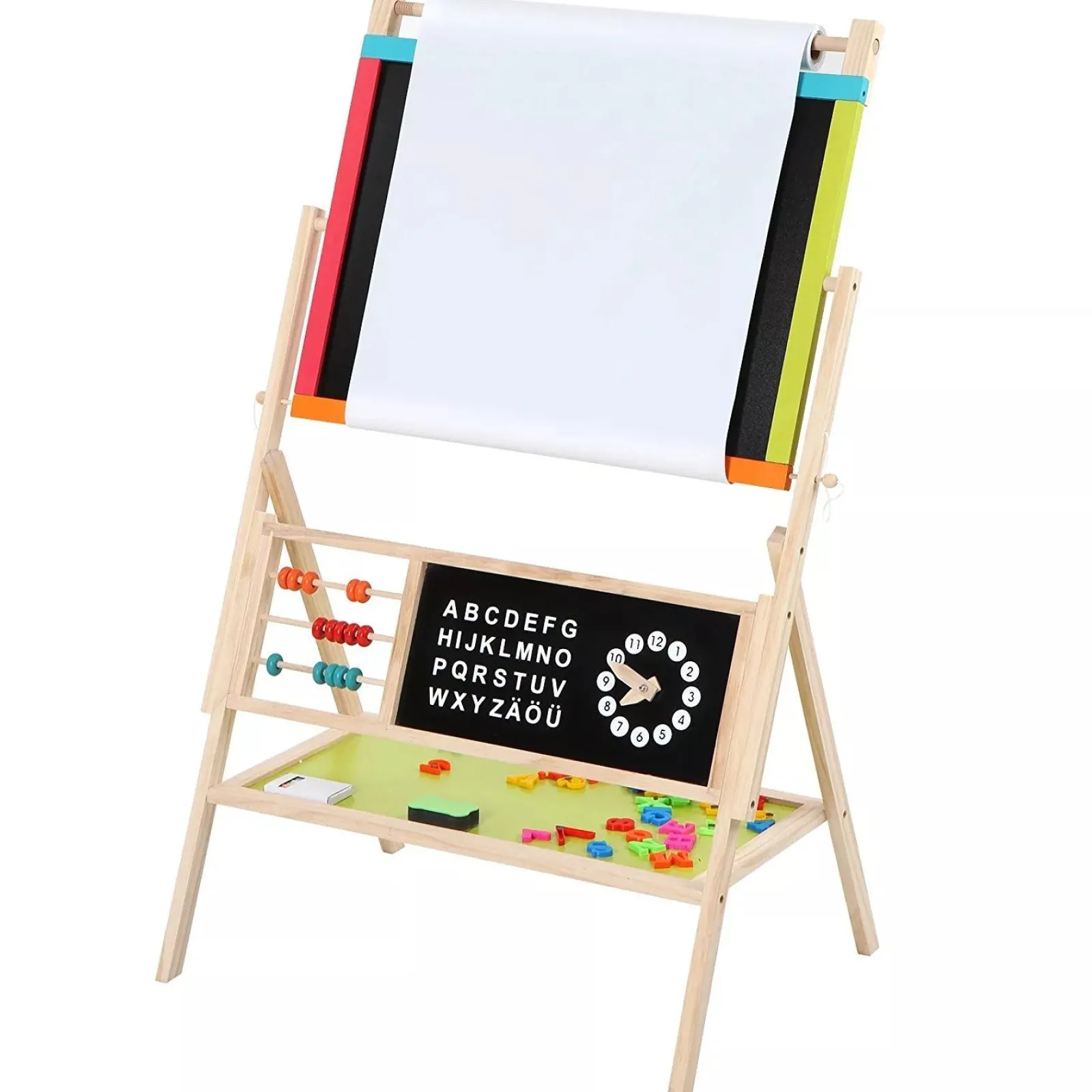 Kinder Little Helper Montessori Holzstaffelei | Magnetisches Whiteboard und Tafel mit Uhr und Papierrolle | 3 Jahre+