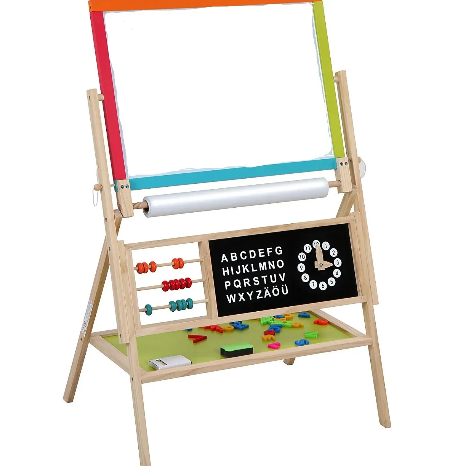 Kinder Little Helper Montessori Holzstaffelei | Magnetisches Whiteboard und Tafel mit Uhr und Papierrolle | 3 Jahre+
