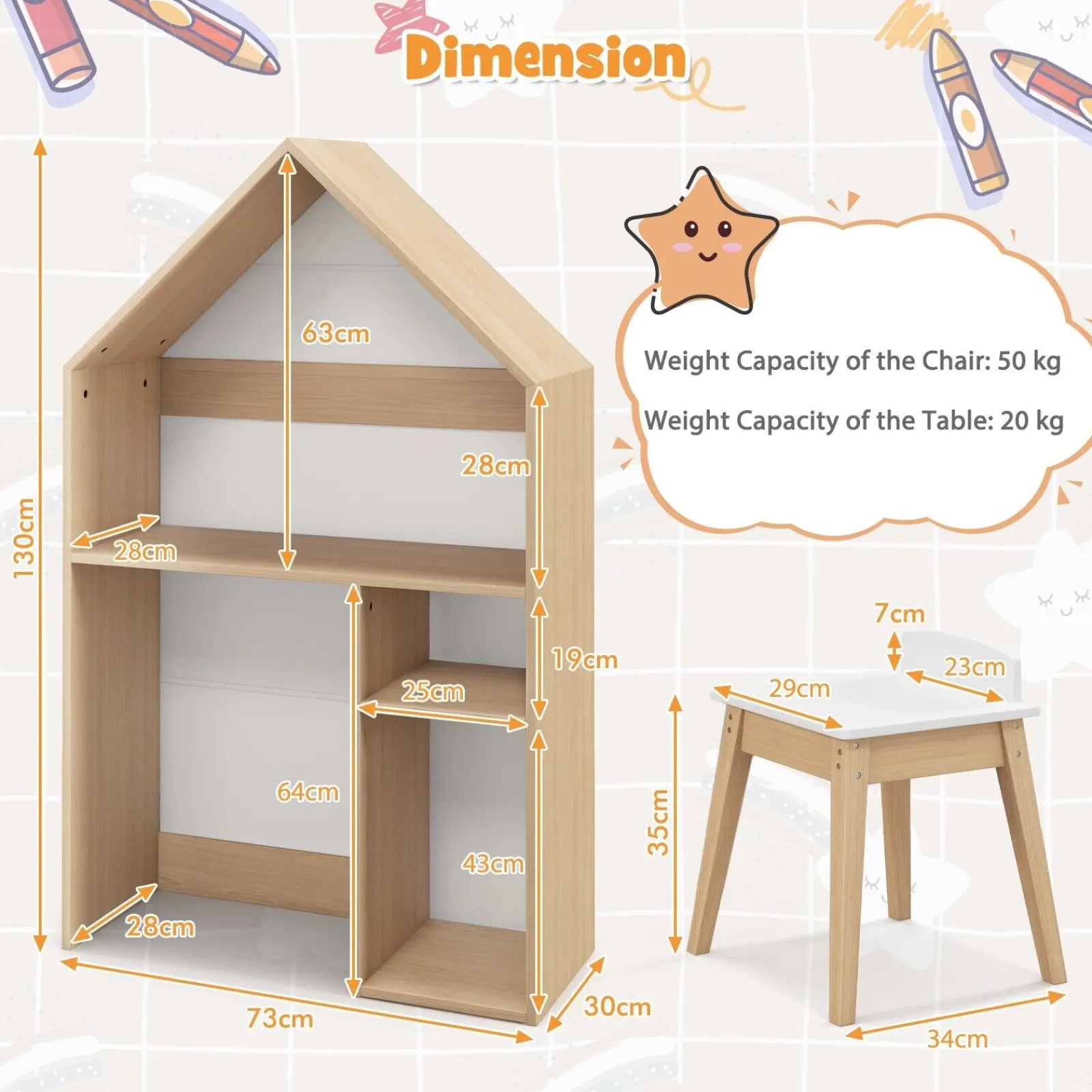 Kinder Little Helper Montessori 3-in-1 Kinderschreibtisch und Hocker | Hausförmiges Bücherregal und Spielzeugaufbewahrung | Tafel