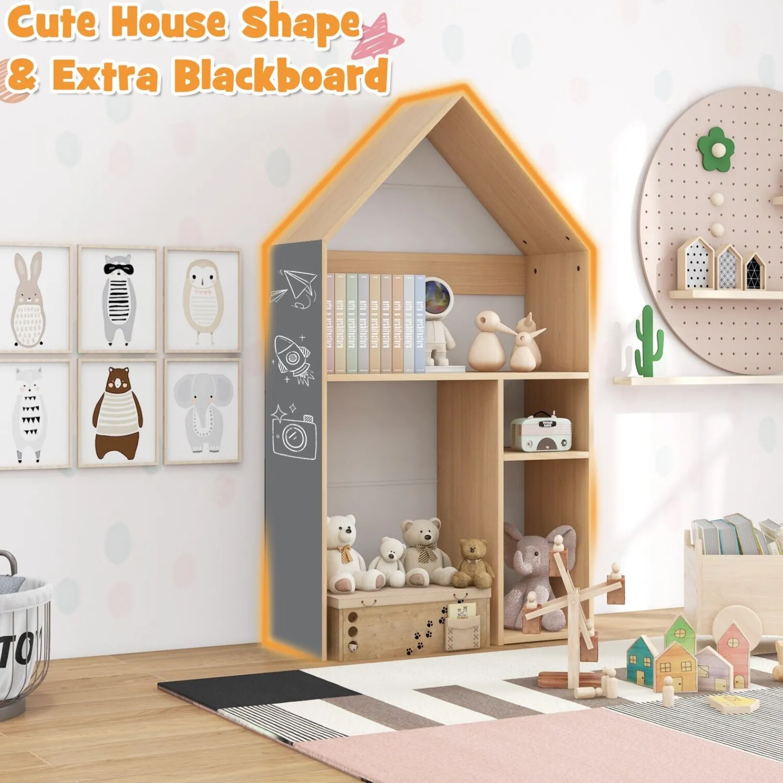 Kinder Little Helper Montessori 3-in-1 Kinderschreibtisch und Hocker | Hausförmiges Bücherregal und Spielzeugaufbewahrung | Tafel