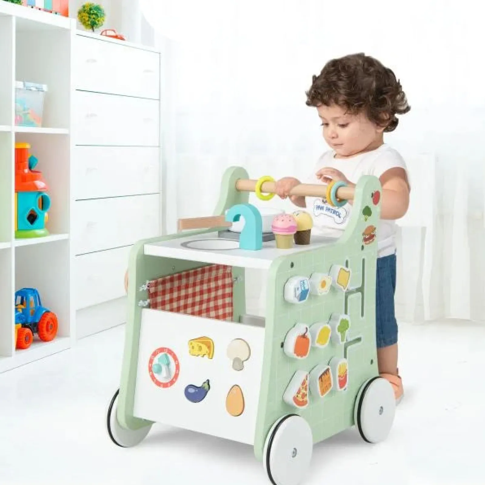 Kinder Little Helper Montessori 6-in-1 Lauflernhilfe zur Haltungsentwicklung | Busy Board und Mini-Spielzeugküche | 12m+