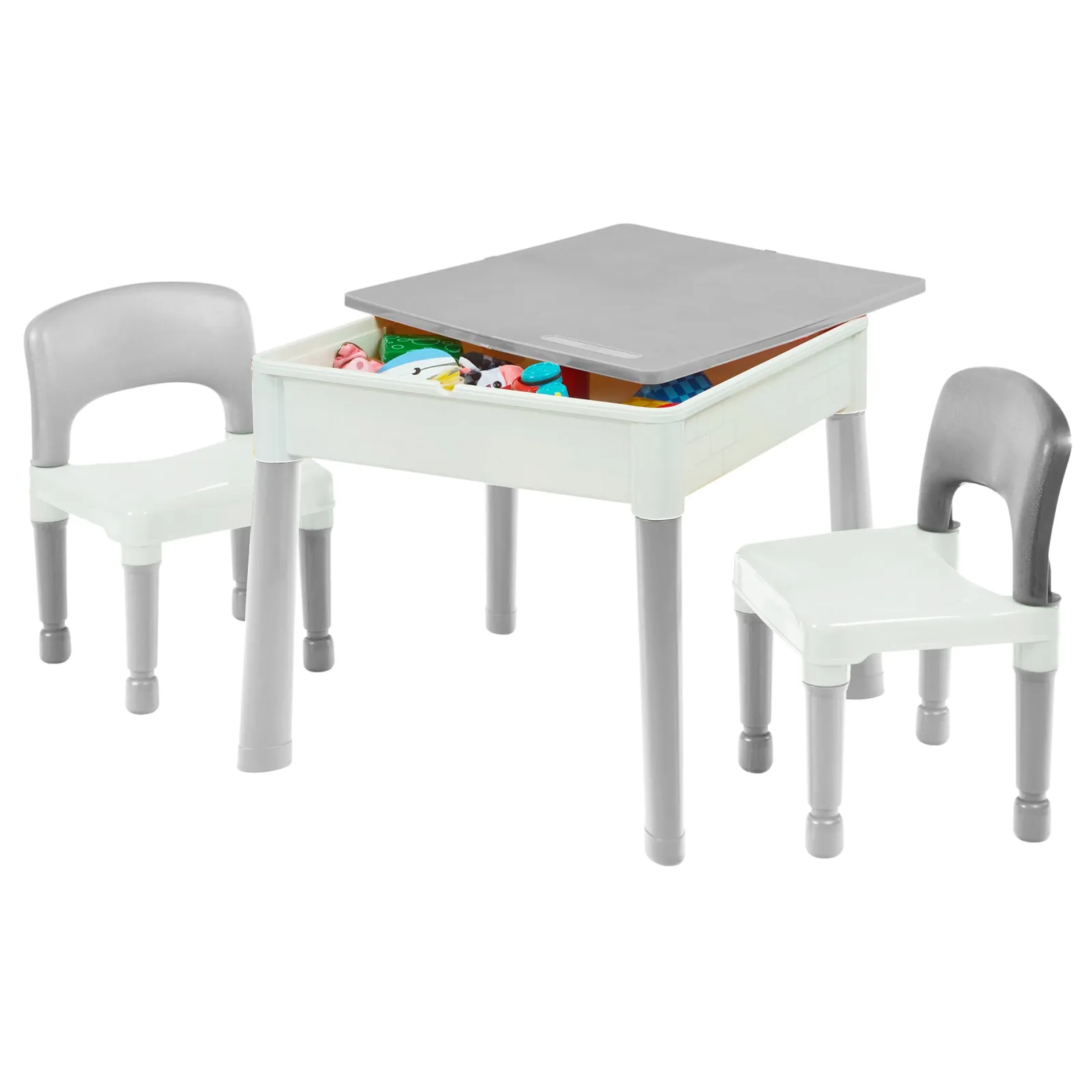 Kinder Little Helper Montessori 5-in-1 Tisch & 2 Stühle Set | Sand- & Wasserkasten | Lego | Trocken abwischbare Oberfläche | Grau & Weiß