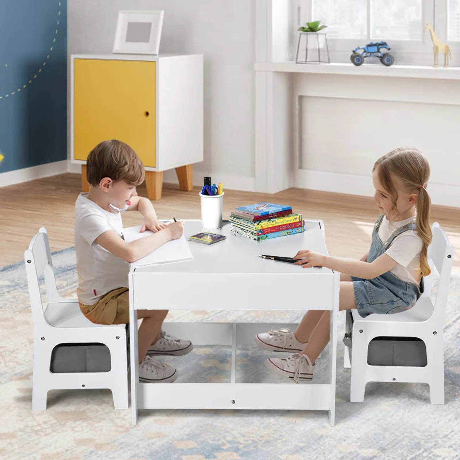 Kinder Little Helper Montessori 3-in-1 Tisch & Stühle | Wendbare Tischplatte | Tafel | Whiteboard, graue Aufbewahrungsschubladen