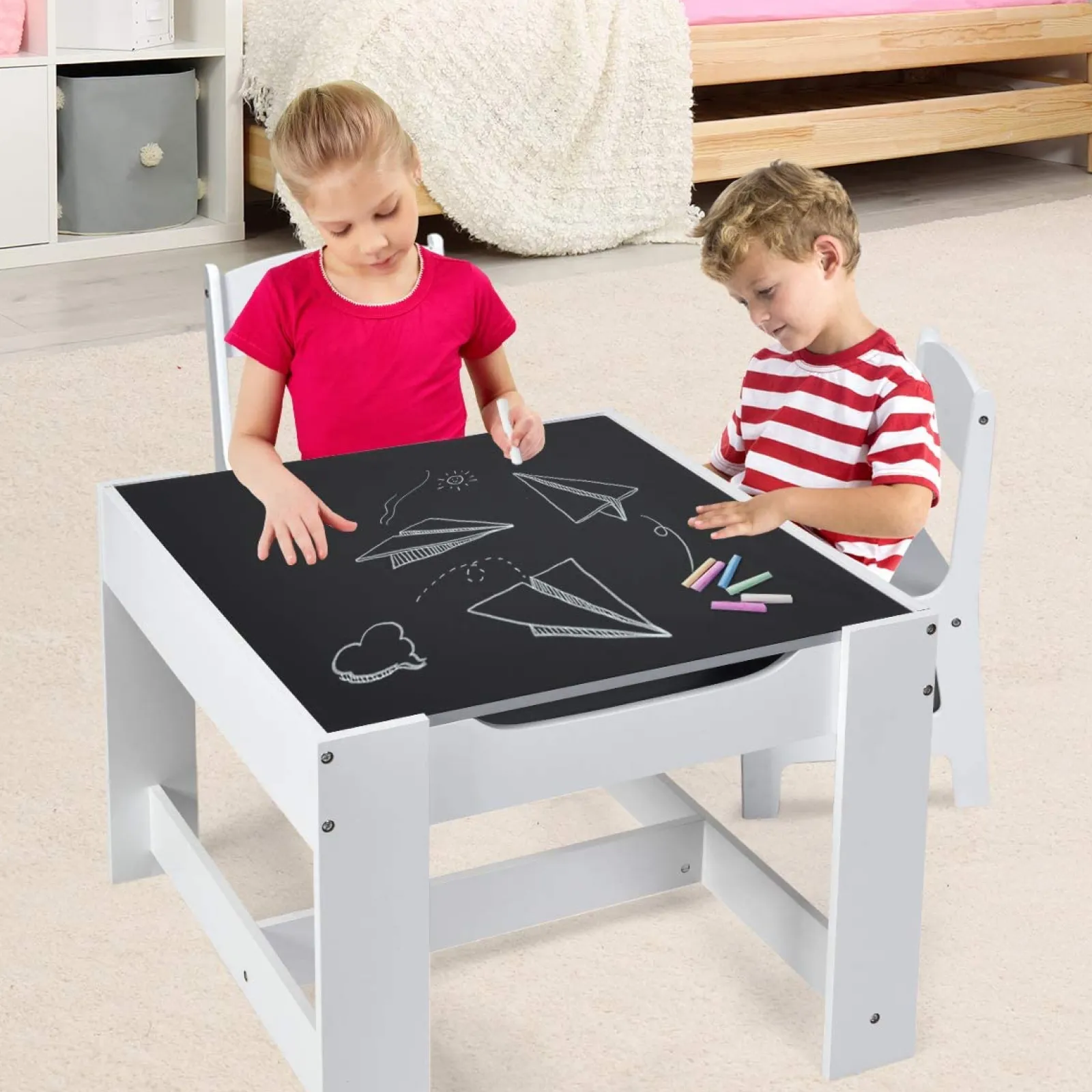 Kinder Little Helper Montessori 3-in-1 Tisch & Stühle | Wendbare Tischplatte | Tafel | Whiteboard, graue Aufbewahrungsschubladen