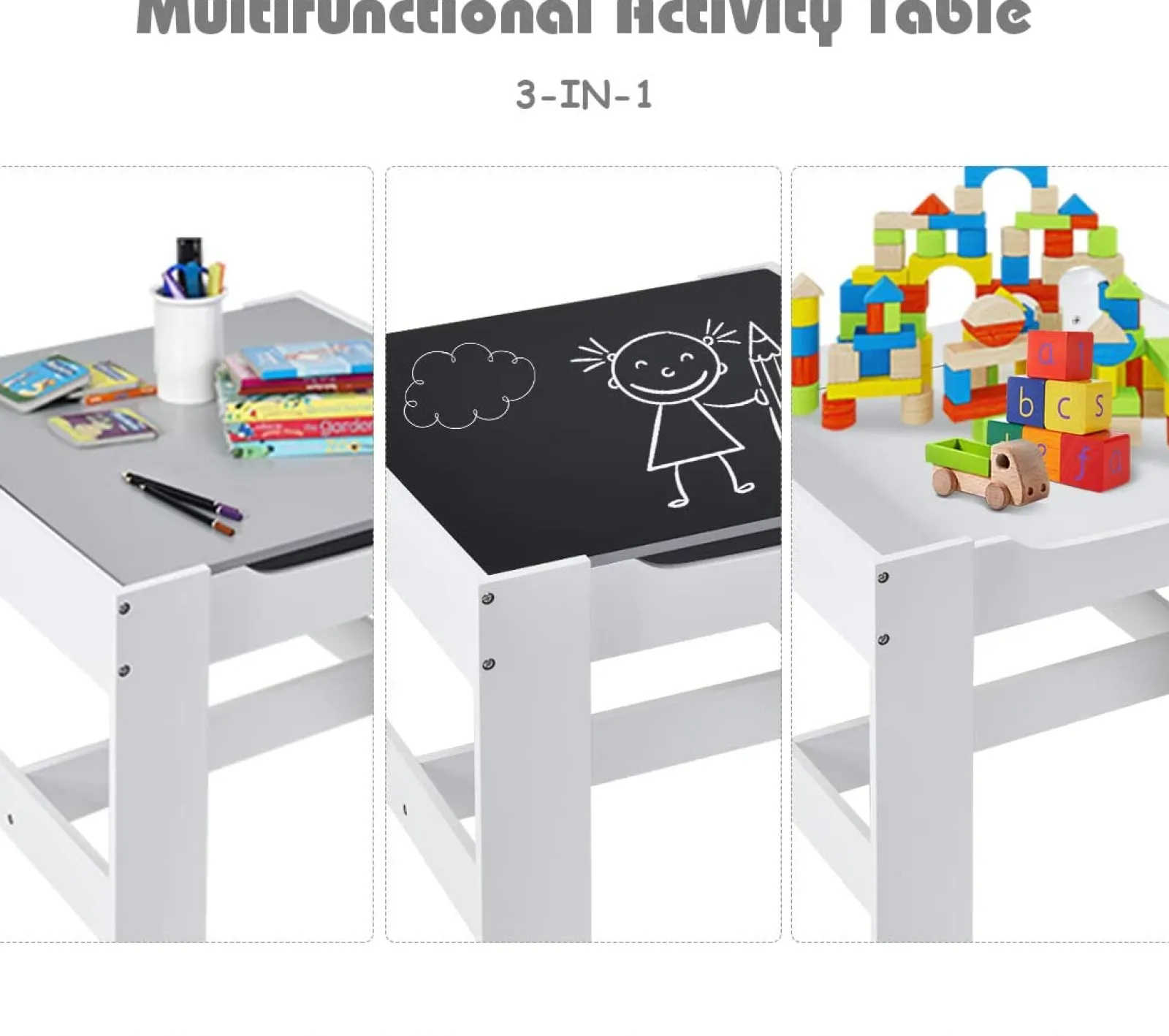 Kinder Little Helper Montessori 3-in-1 Tisch & Stühle | Wendbare Tischplatte | Tafel | Whiteboard, graue Aufbewahrungsschubladen