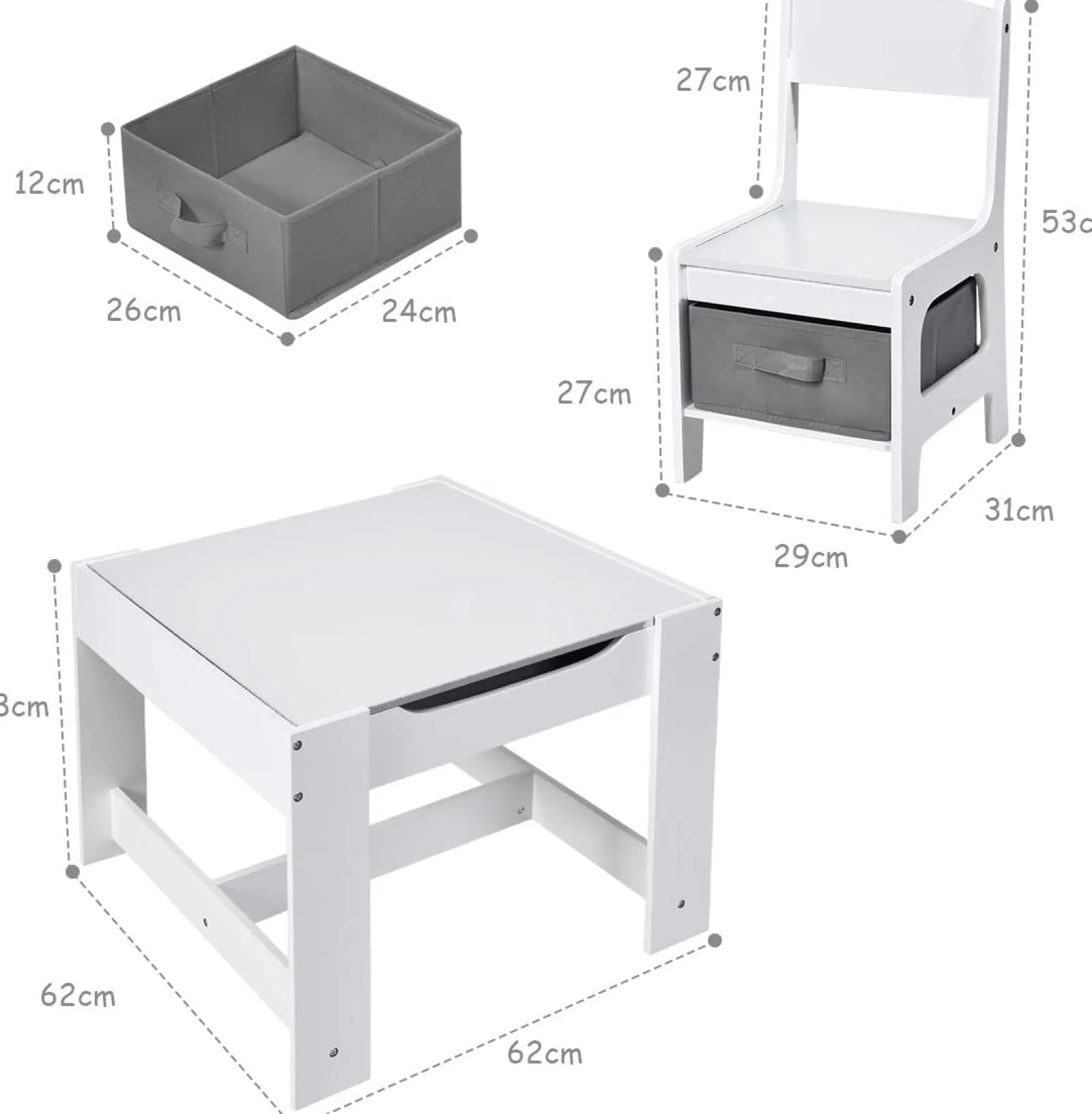 Kinder Little Helper Montessori 3-in-1 Tisch & Stühle | Wendbare Tischplatte | Tafel | Whiteboard, graue Aufbewahrungsschubladen