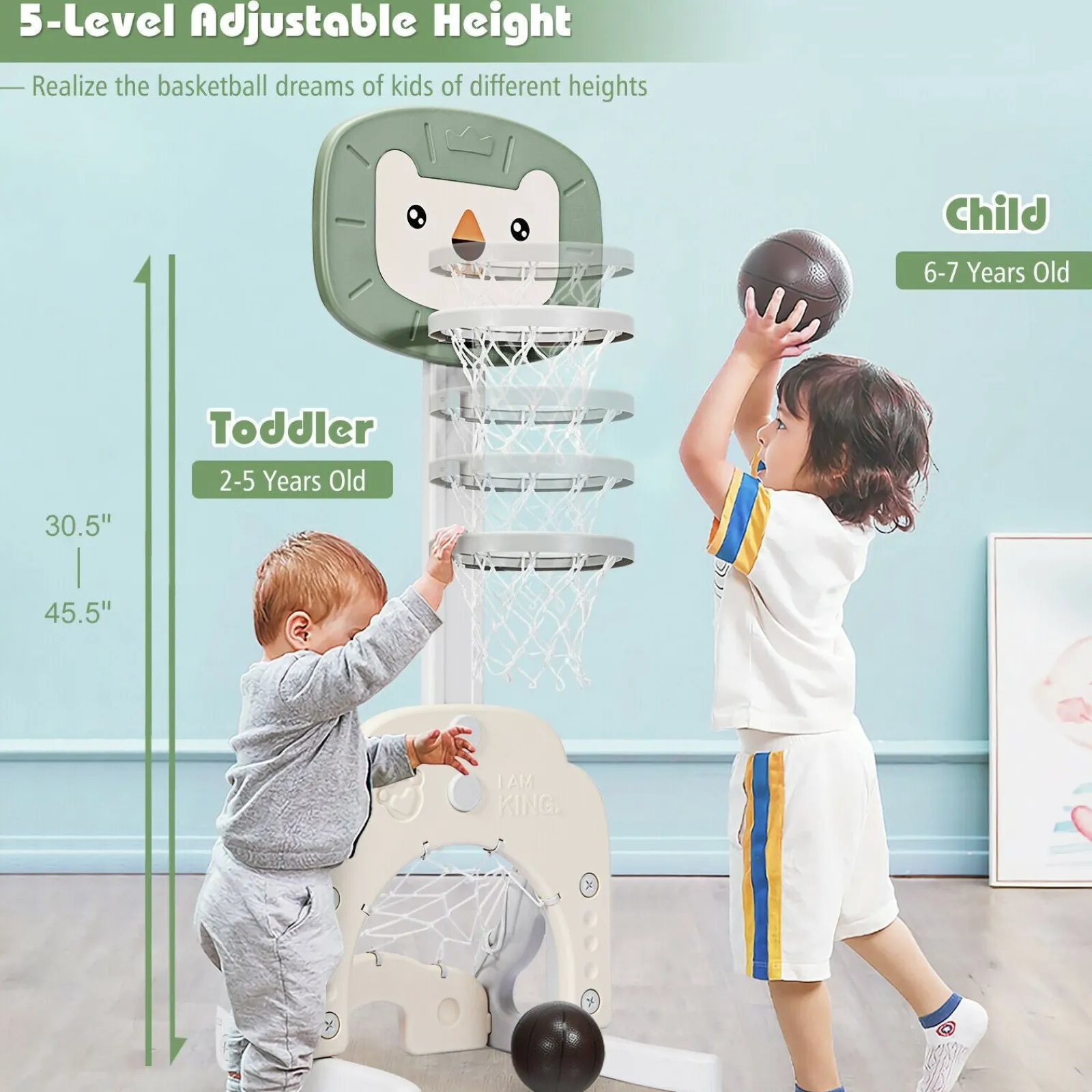 Kinder Little Helper Montessori 3-in-1-Basketballständer für Kinder | Höhenverstellbar | Fußball- und Golftor | 3 Jahre+