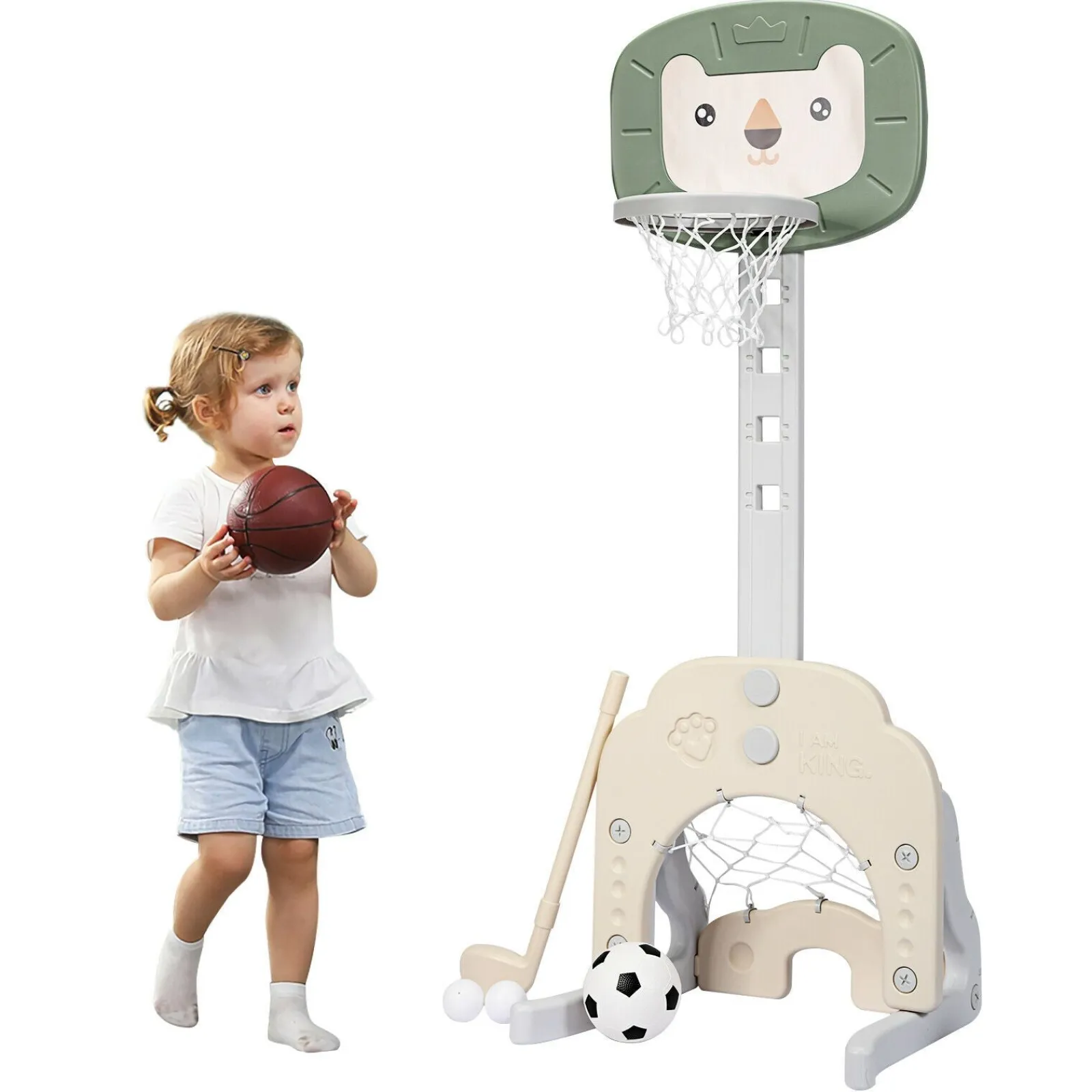 Kinder Little Helper Montessori 3-in-1-Basketballständer für Kinder | Höhenverstellbar | Fußball- und Golftor | 3 Jahre+