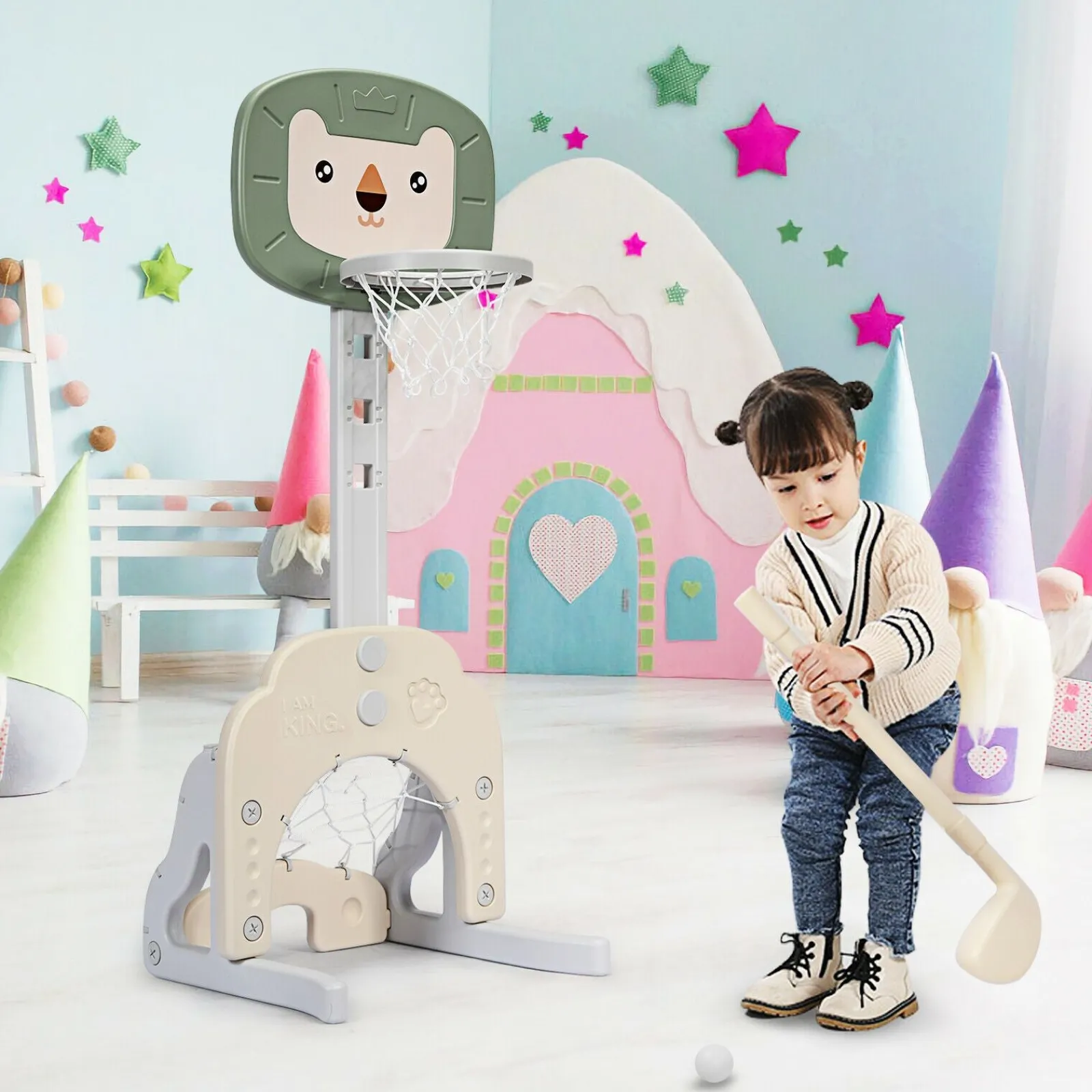 Kinder Little Helper Montessori 3-in-1-Basketballständer für Kinder | Höhenverstellbar | Fußball- und Golftor | 3 Jahre+