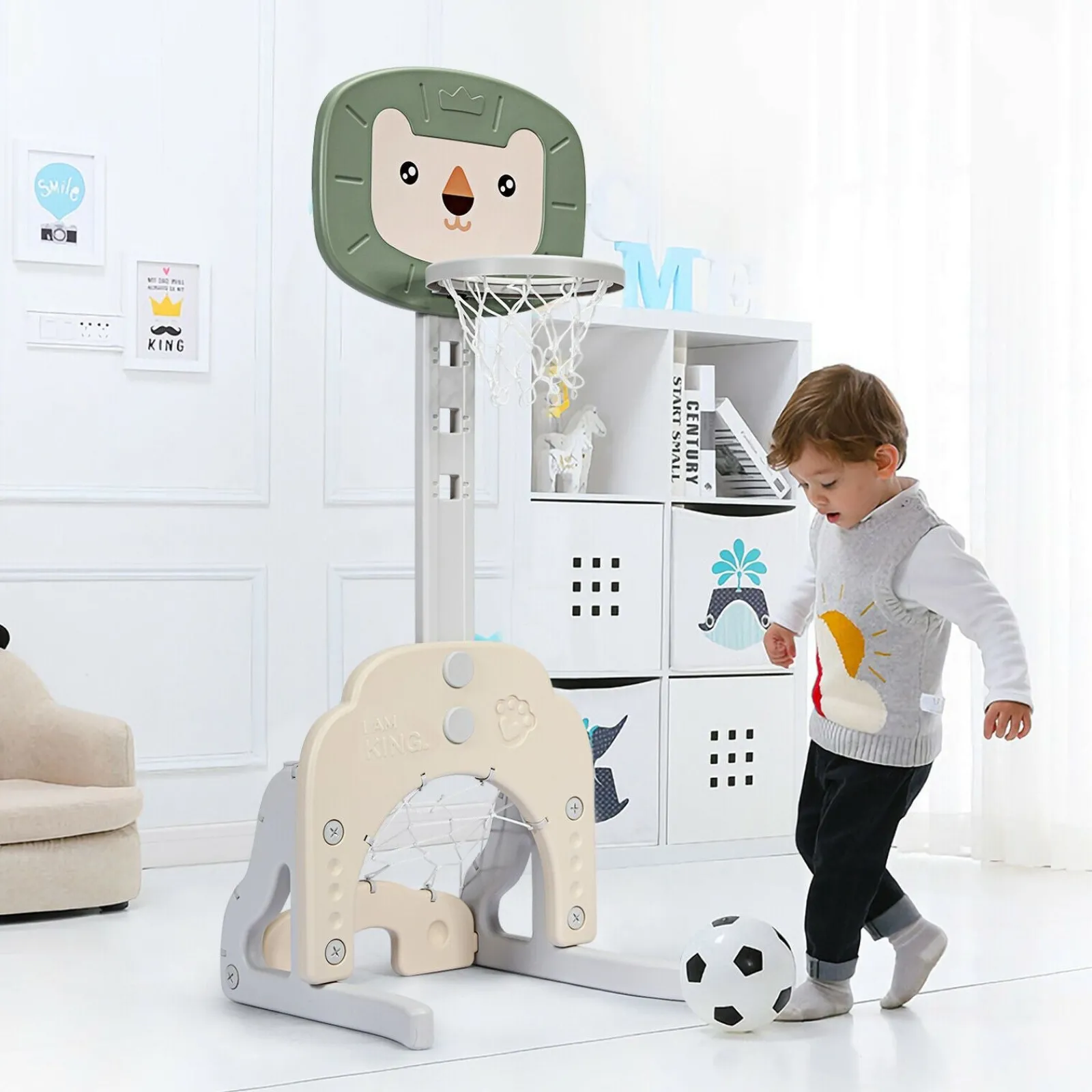Kinder Little Helper Montessori 3-in-1-Basketballständer für Kinder | Höhenverstellbar | Fußball- und Golftor | 3 Jahre+