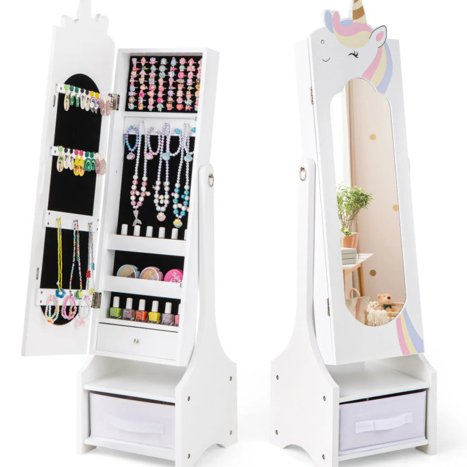 Kinder Little Helper Montessori 2-in-1-Einhorn-Kippspiegel und Schmuckschrank in voller Länge | Schrank | Weiß