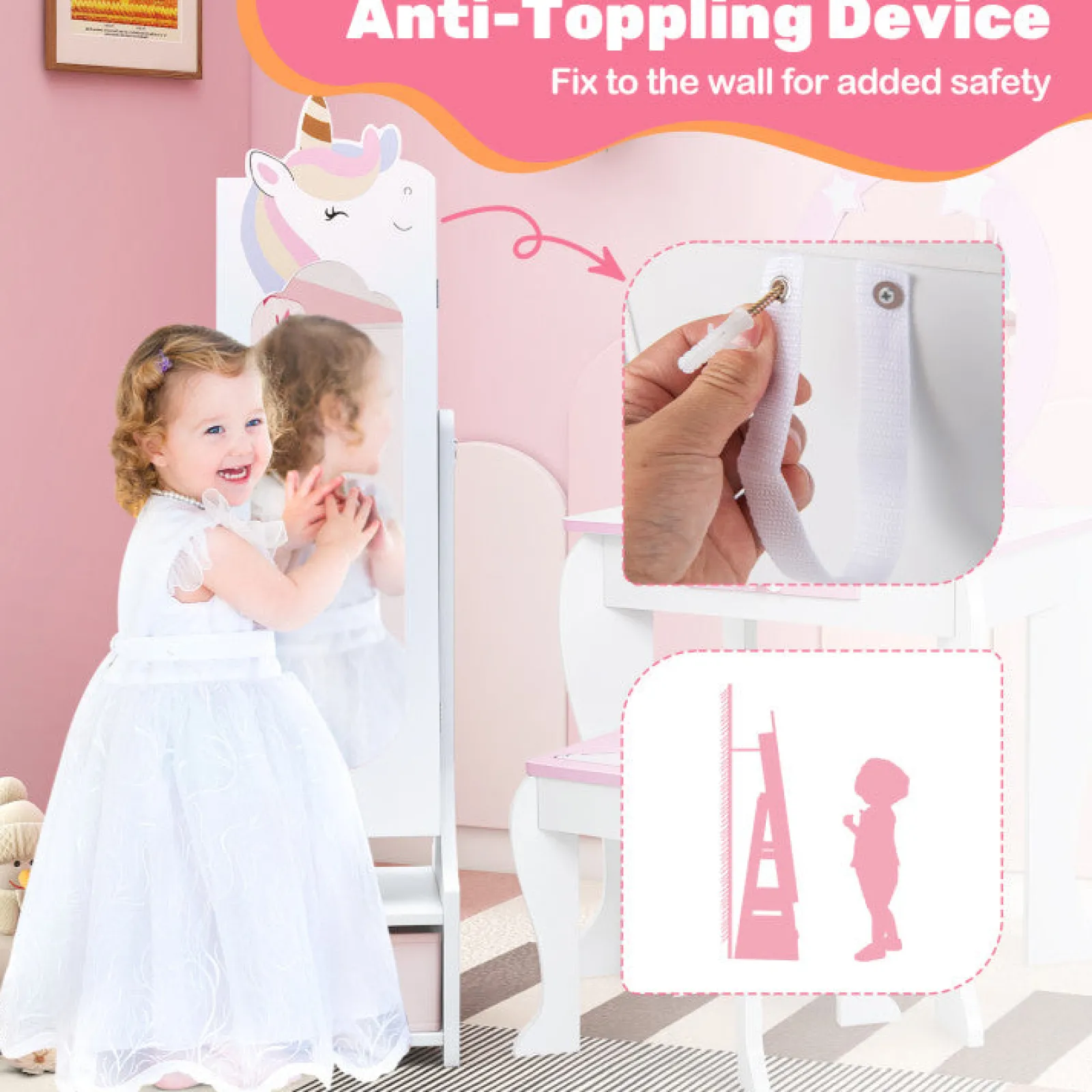 Kinder Little Helper Montessori 2-in-1-Einhorn-Kippspiegel und Schmuckschrank in voller Länge | Schrank | Weiß