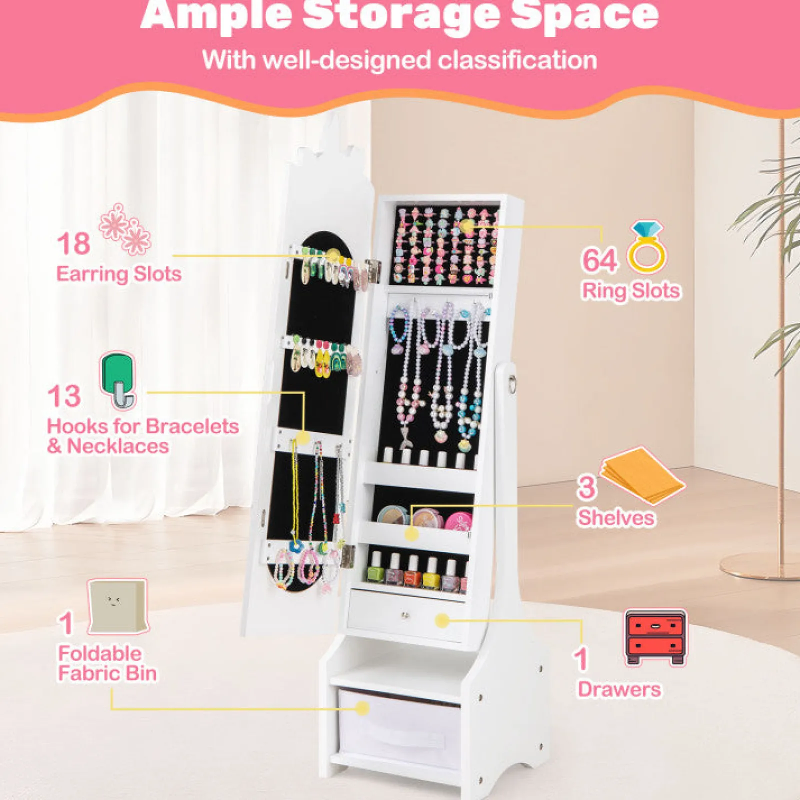 Kinder Little Helper Montessori 2-in-1-Einhorn-Kippspiegel und Schmuckschrank in voller Länge | Schrank | Weiß