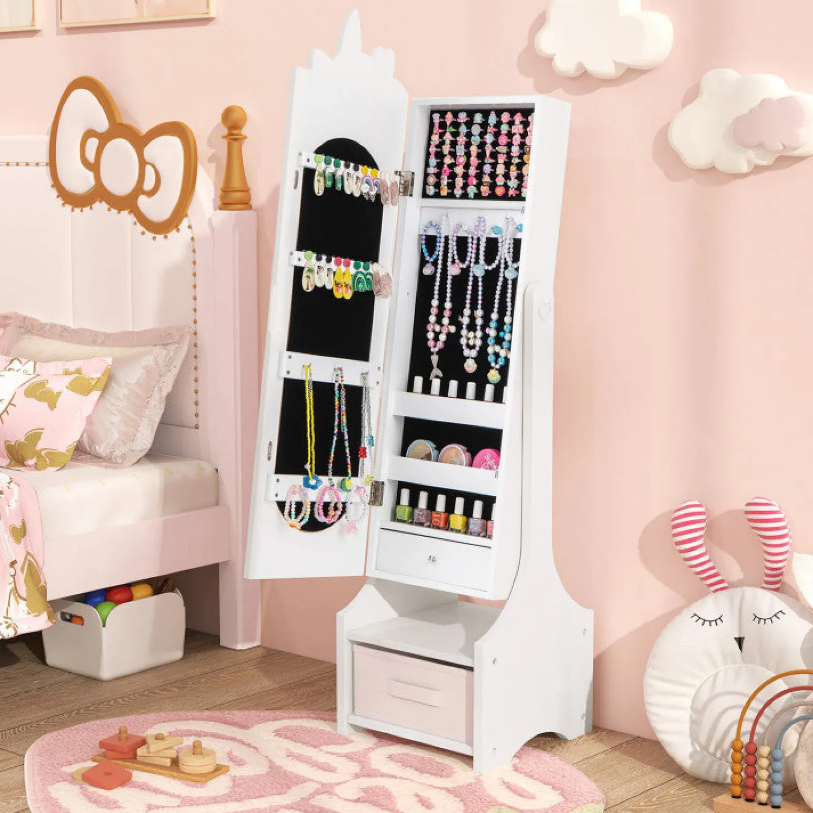 Kinder Little Helper Montessori 2-in-1-Einhorn-Kippspiegel und Schmuckschrank in voller Länge | Schrank | Weiß