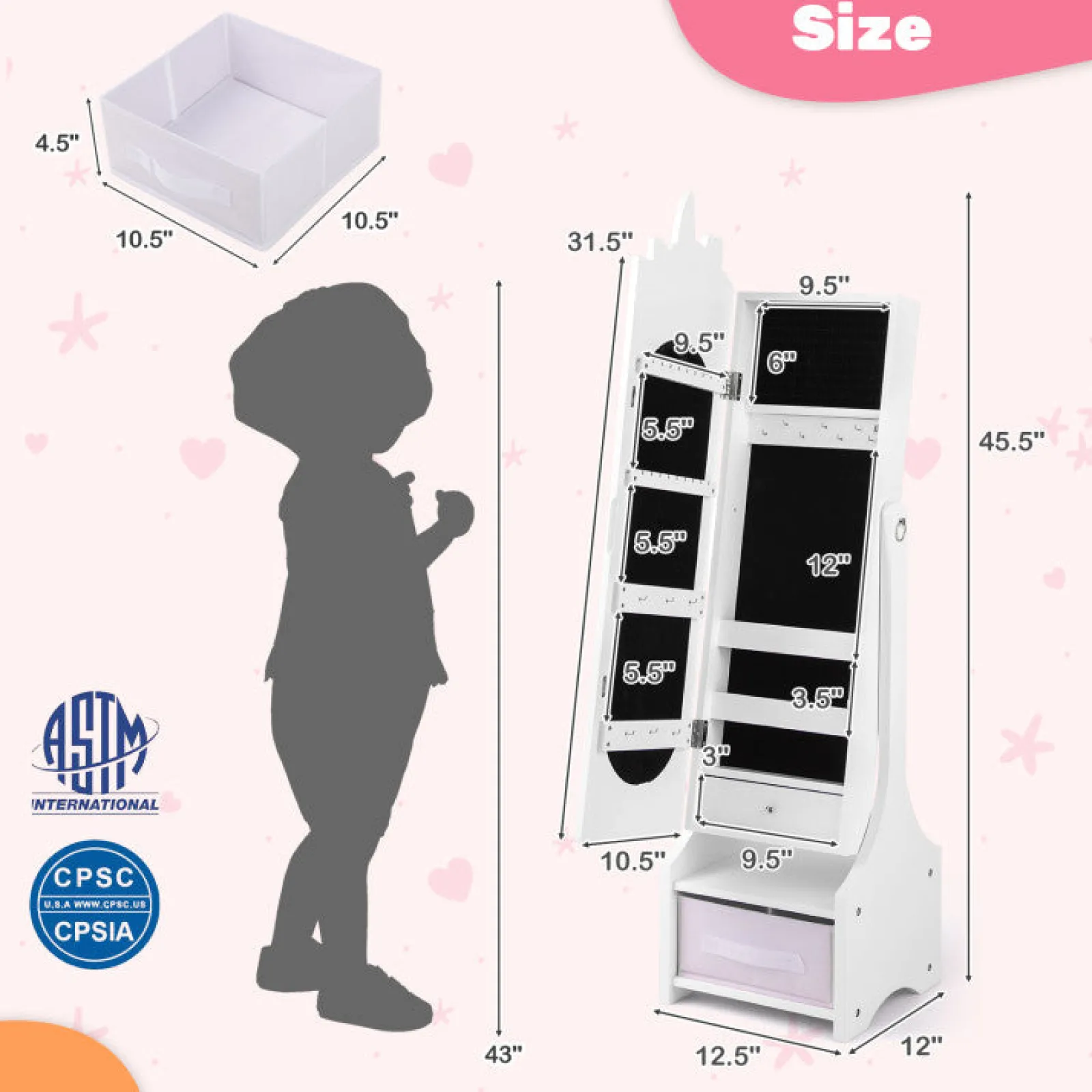 Kinder Little Helper Montessori 2-in-1-Einhorn-Kippspiegel und Schmuckschrank in voller Länge | Schrank | Weiß
