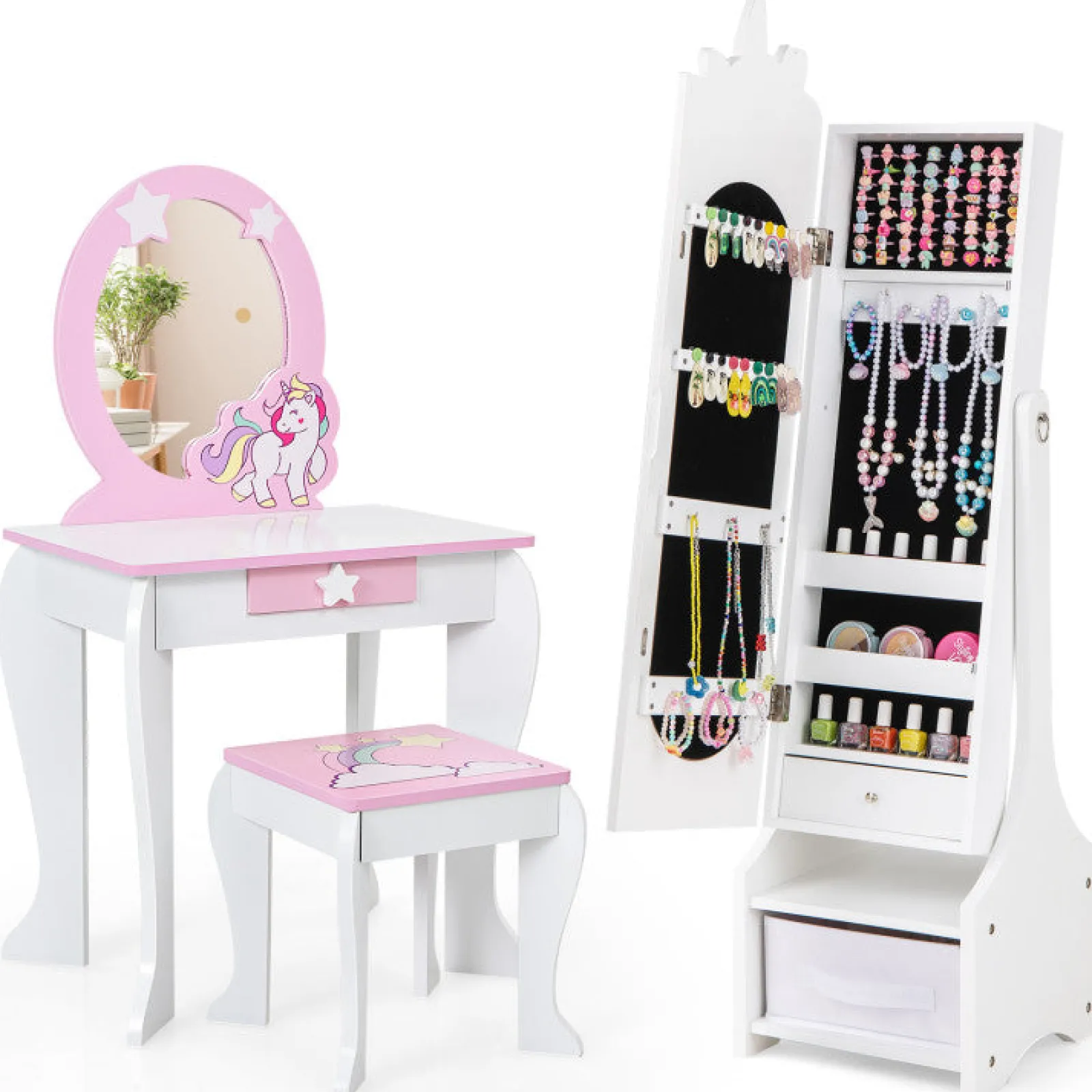 Kinder Little Helper Montessori 2-in-1-Einhorn-Kippspiegel und Schmuckschrank in voller Länge | Schrank | Weiß