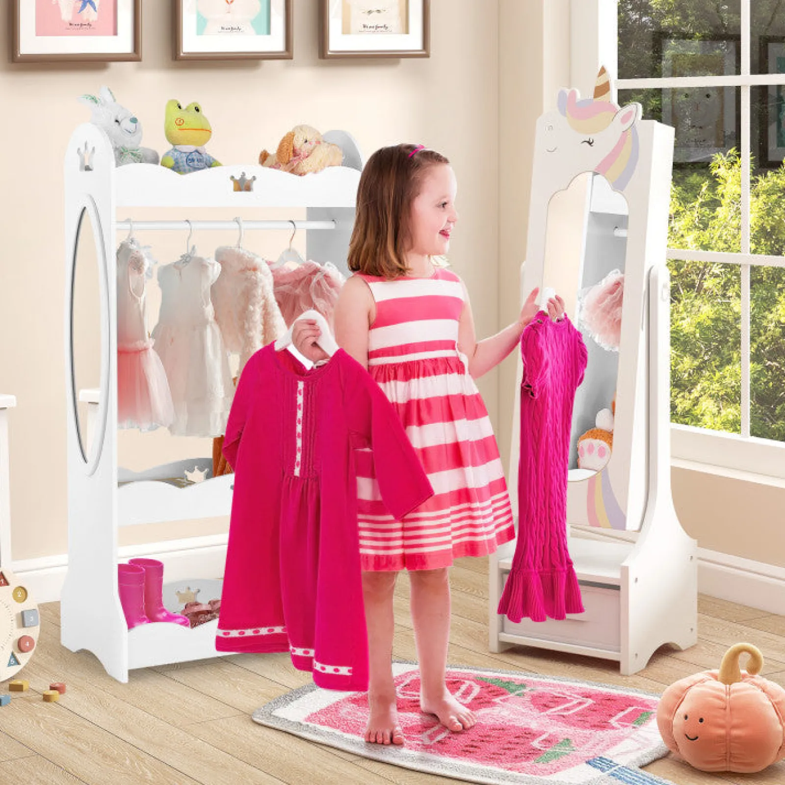 Kinder Little Helper Montessori 2-in-1-Einhorn-Kippspiegel und Schmuckschrank in voller Länge | Schrank | Weiß