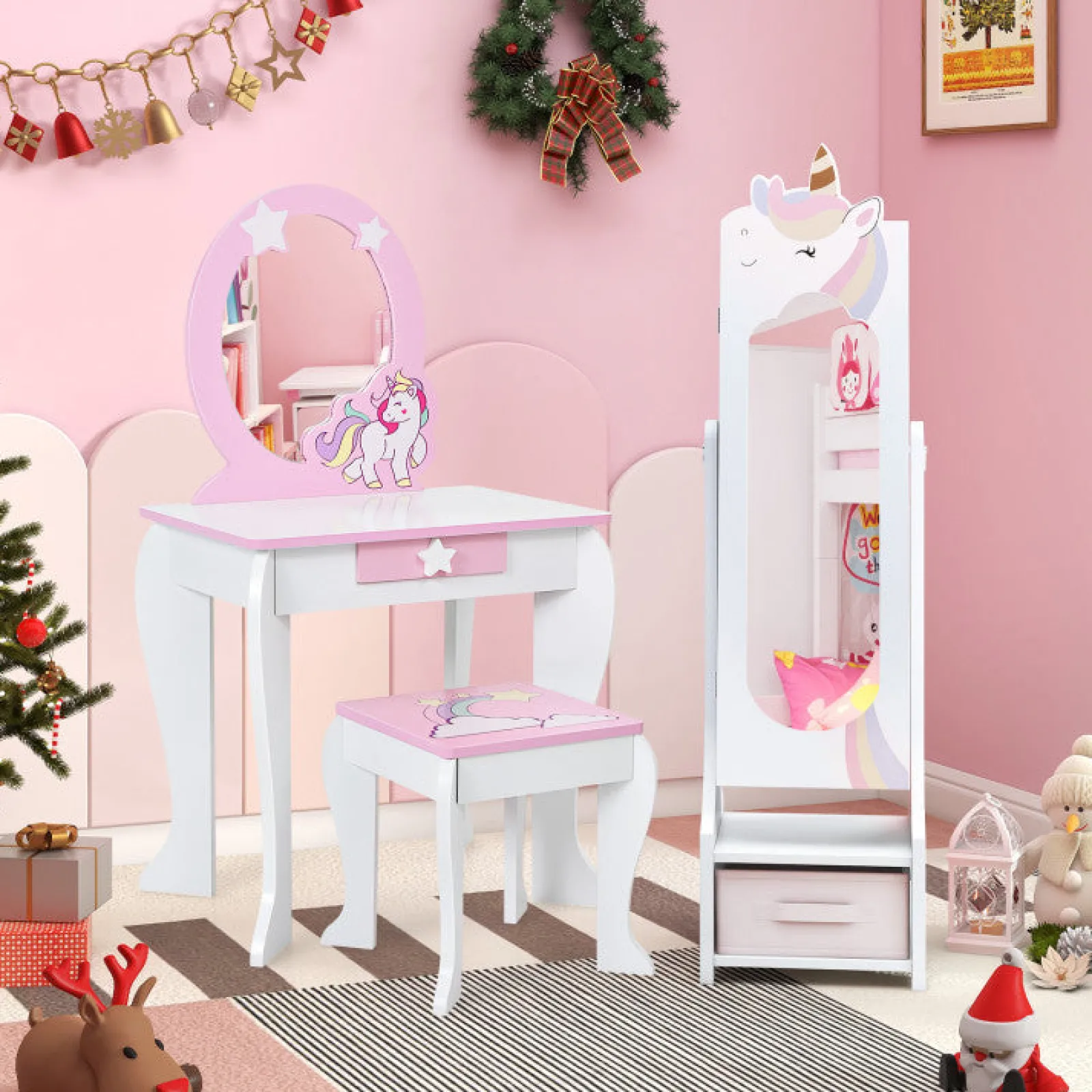Kinder Little Helper Montessori 2-in-1-Einhorn-Kippspiegel und Schmuckschrank in voller Länge | Schrank | Weiß