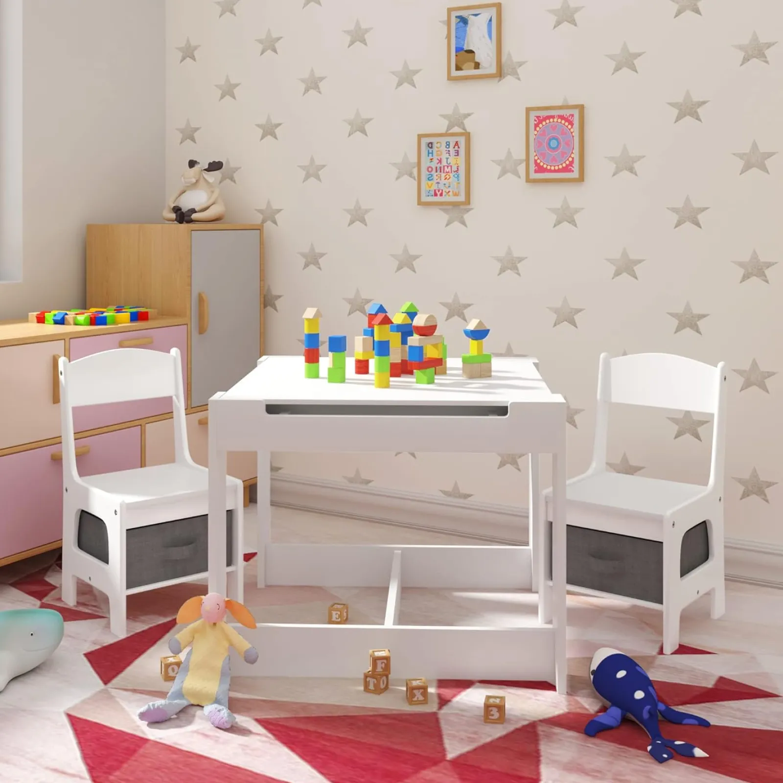 Kinder Little Helper Montessori 4-in-1-Tisch und Stühle | Wendeoberteil | Tafel | Schreibtisch | Papierrolle | Graue Aufbewahrungsschubladen