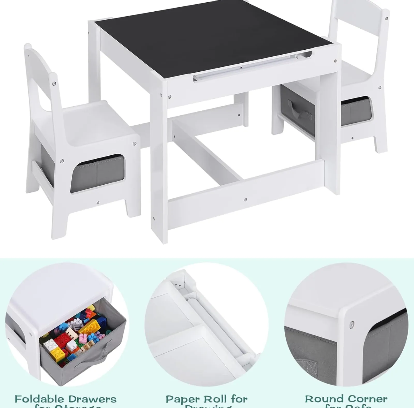 Kinder Little Helper Montessori 4-in-1-Tisch und Stühle | Wendeoberteil | Tafel | Schreibtisch | Papierrolle | Graue Aufbewahrungsschubladen