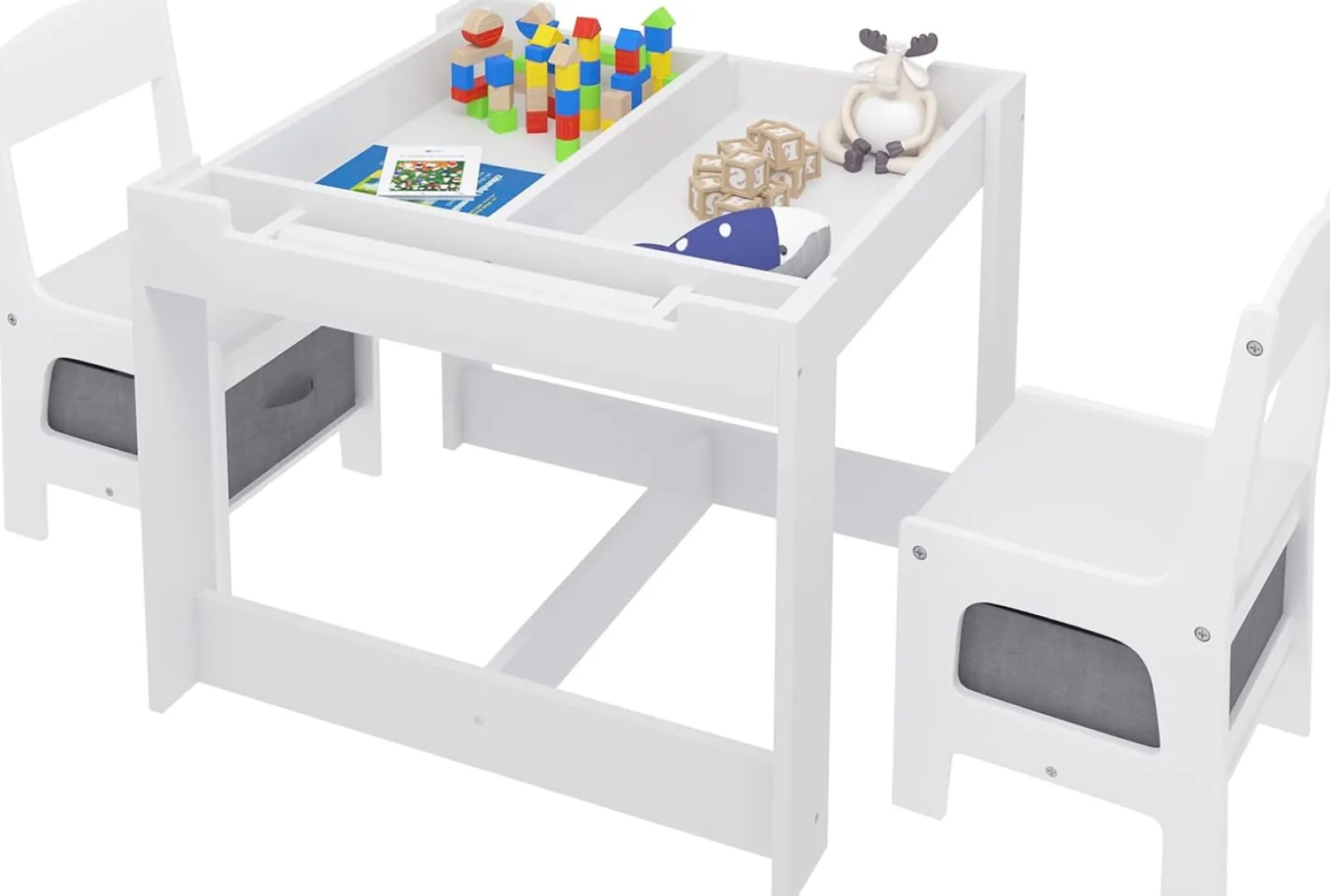 Kinder Little Helper Montessori 4-in-1-Tisch und Stühle | Wendeoberteil | Tafel | Schreibtisch | Papierrolle | Graue Aufbewahrungsschubladen