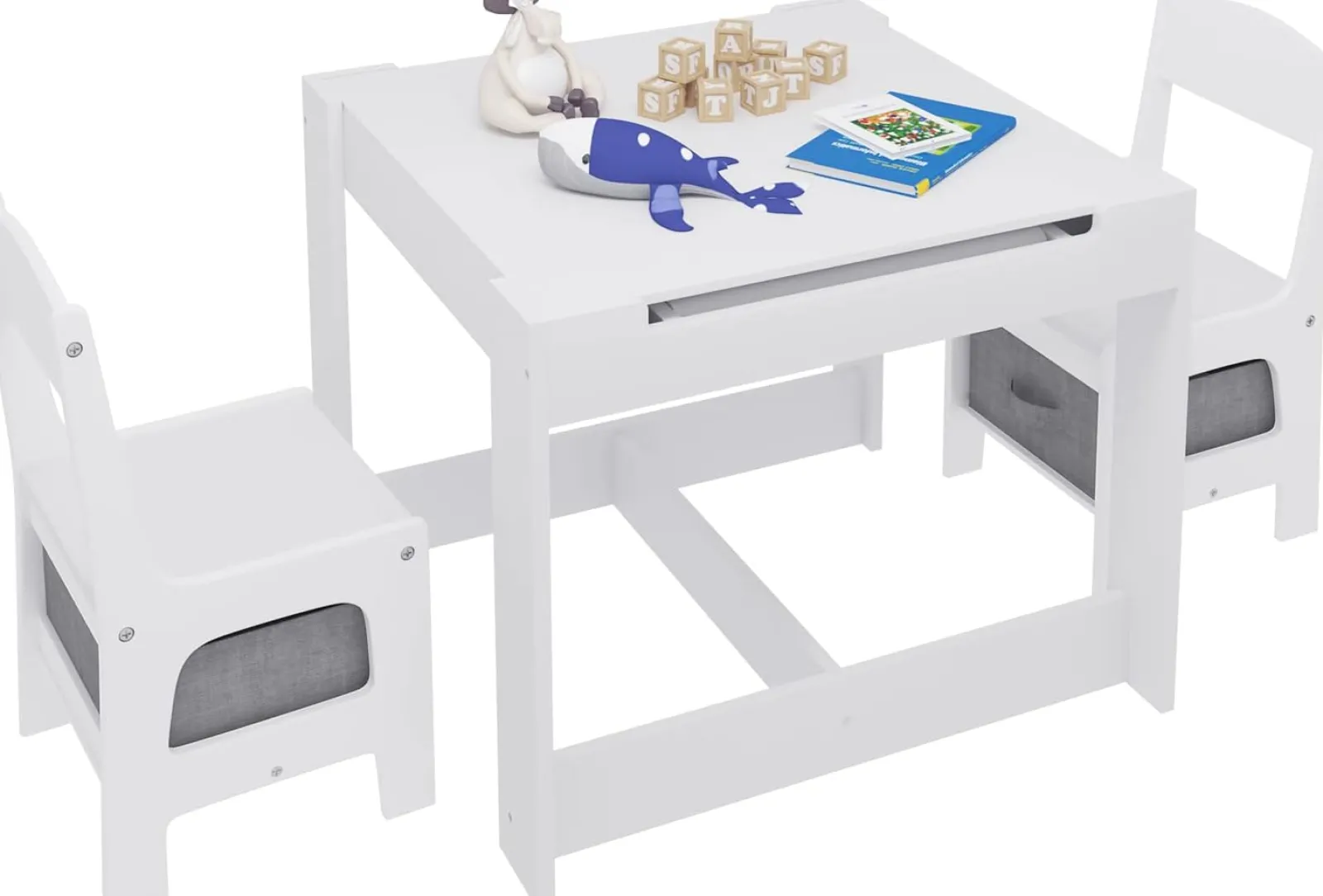 Kinder Little Helper Montessori 4-in-1-Tisch und Stühle | Wendeoberteil | Tafel | Schreibtisch | Papierrolle | Graue Aufbewahrungsschubladen