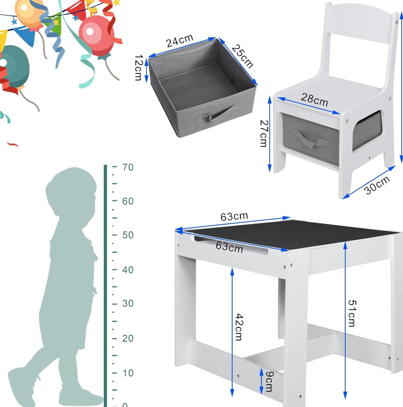 Kinder Little Helper Montessori 4-in-1-Tisch und Stühle | Wendeoberteil | Tafel | Schreibtisch | Papierrolle | Graue Aufbewahrungsschubladen