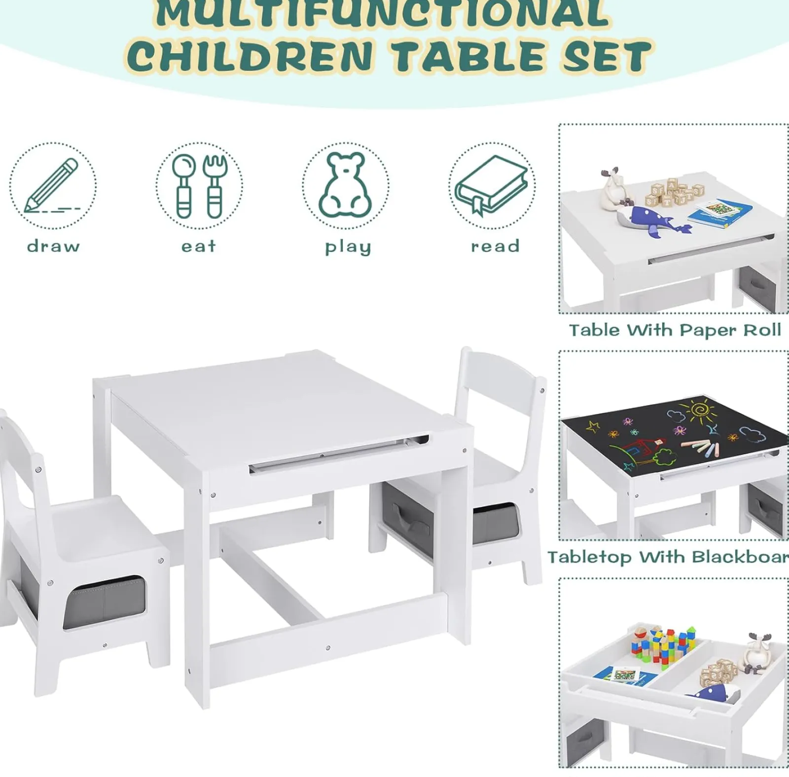 Kinder Little Helper Montessori 4-in-1-Tisch und Stühle | Wendeoberteil | Tafel | Schreibtisch | Papierrolle | Graue Aufbewahrungsschubladen