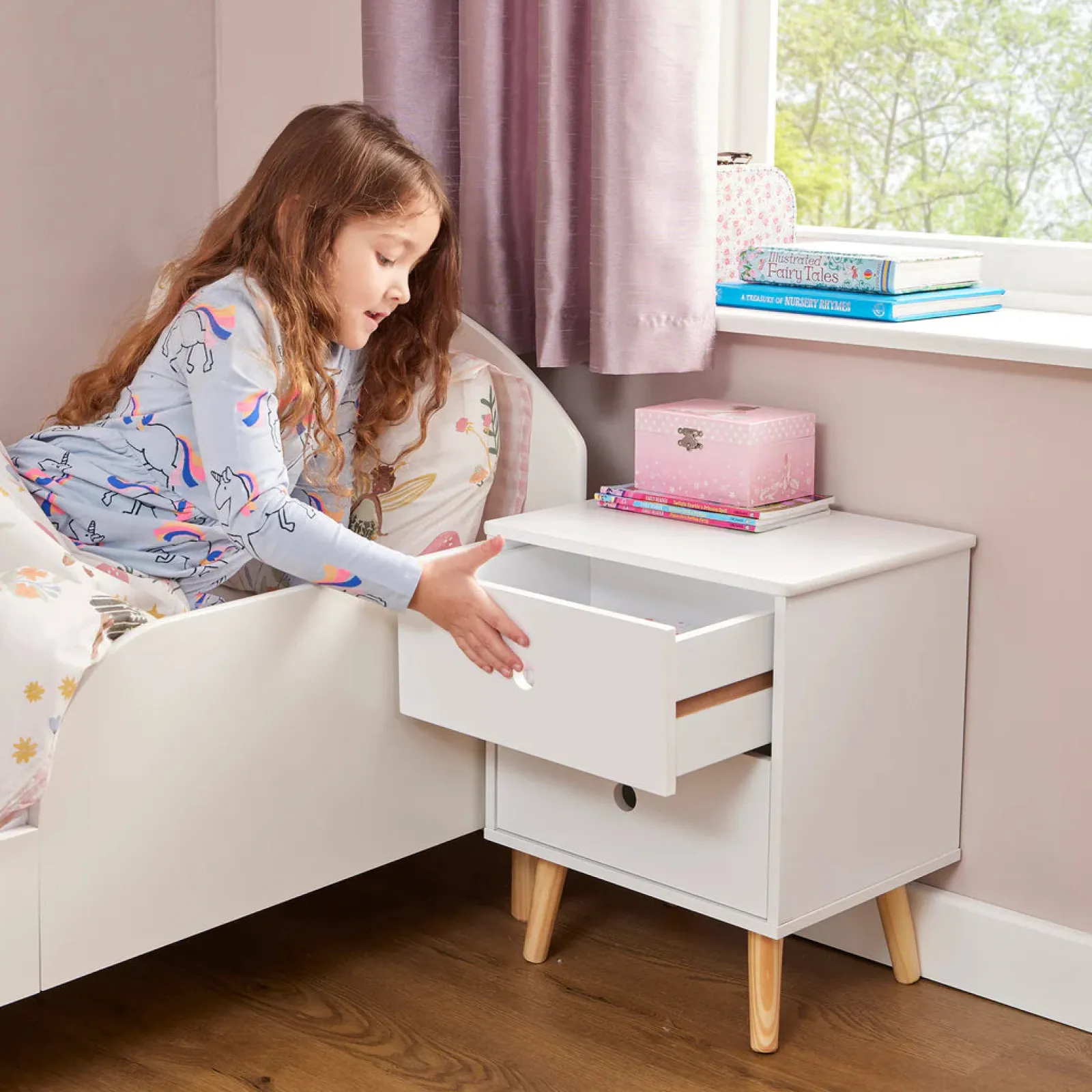 Kinder Little Helper Montessori Moderne Nachttischschubladen | Aufbewahrung von Kinderspielzeug | Weiß | Beine aus Kiefernholz