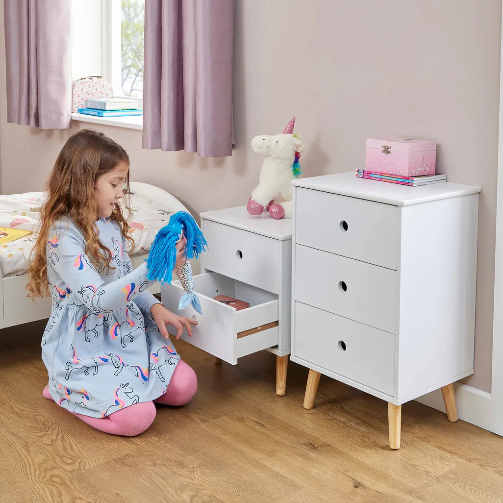 Kinder Little Helper Montessori Moderne Nachttischschubladen | Aufbewahrung von Kinderspielzeug | Weiß | Beine aus Kiefernholz