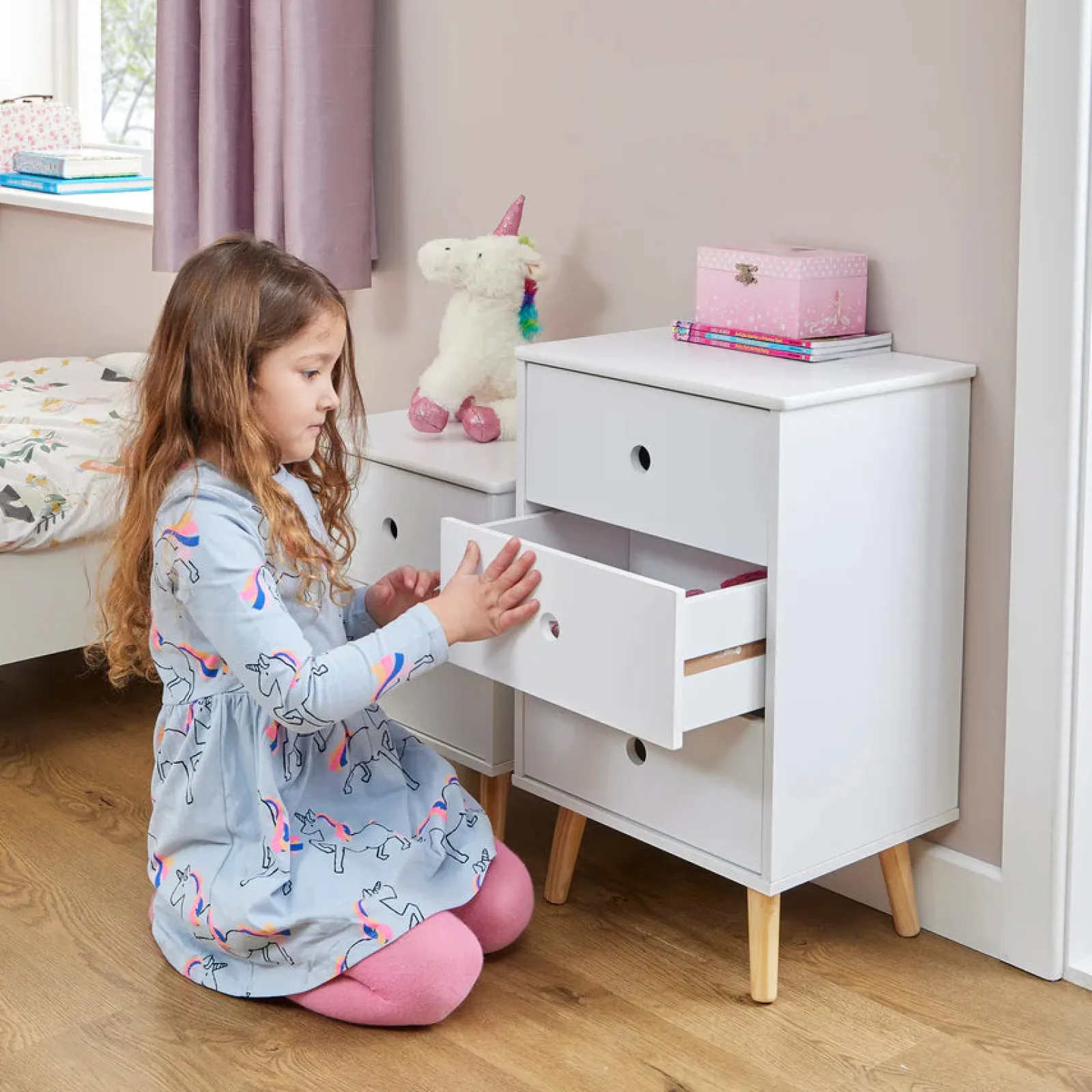 Kinder Little Helper Montessori Moderne Nachttischschubladen | Aufbewahrung von Kinderspielzeug | Weiß | Beine aus Kiefernholz