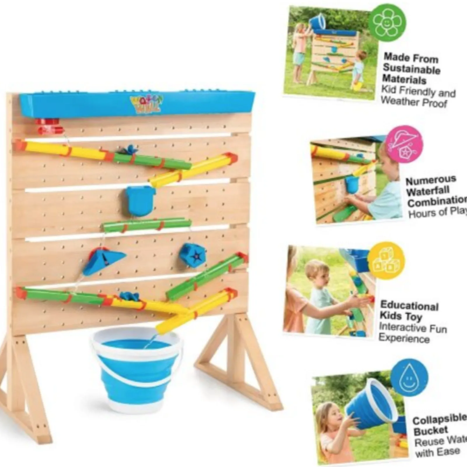 Little Helper Montessori Outdoor-Wasserwand aus Öko-Holz | Wasserspiel für Kinder | 3 Jahre+