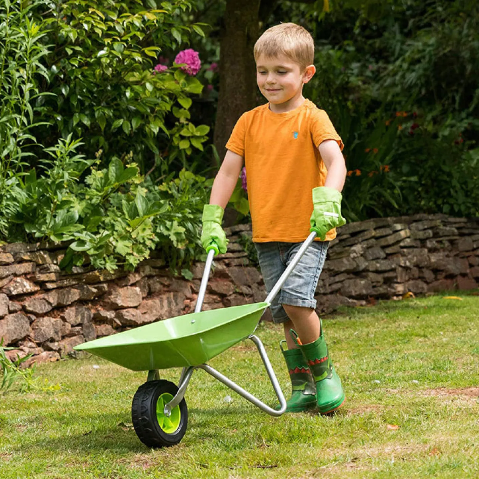 Little Helper Montessori Schubkarre für Kinder aus rostfreiem Stahl mit ergonomischen Griffen | Limettengrün | Ab 3 Jahren