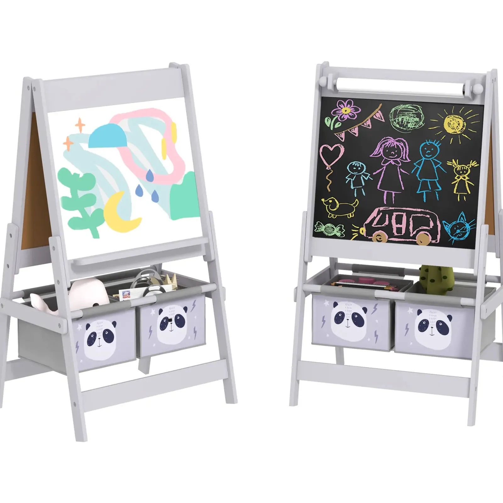 Kinder Little Helper Montessori Staffelei | Doppelseitige Whiteboard- und Kreidetafel-Malstaffelei mit Papierrolle | 2 Aufbewahrungsboxen | Earl Grey