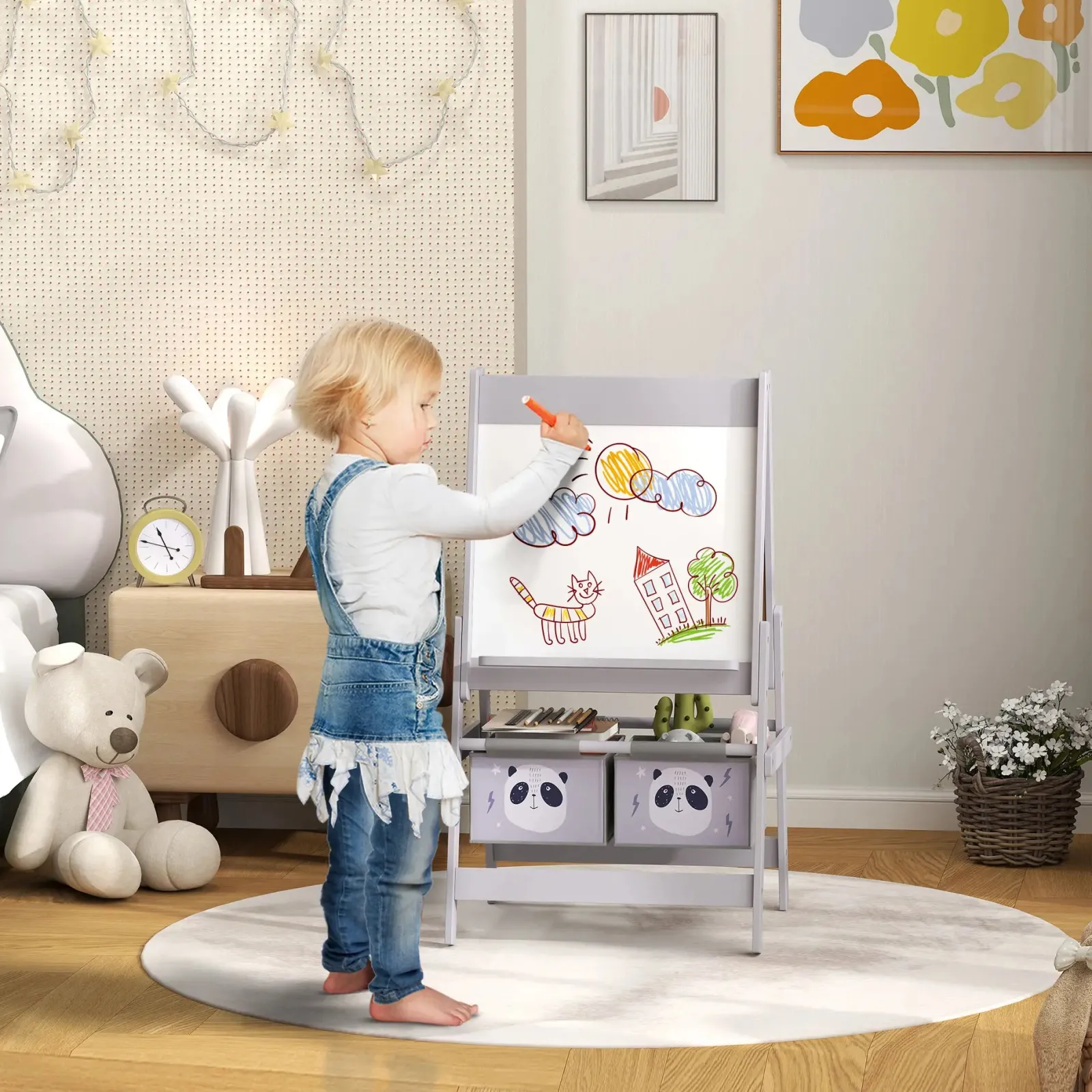 Kinder Little Helper Montessori Staffelei | Doppelseitige Whiteboard- und Kreidetafel-Malstaffelei mit Papierrolle | 2 Aufbewahrungsboxen | Earl Grey