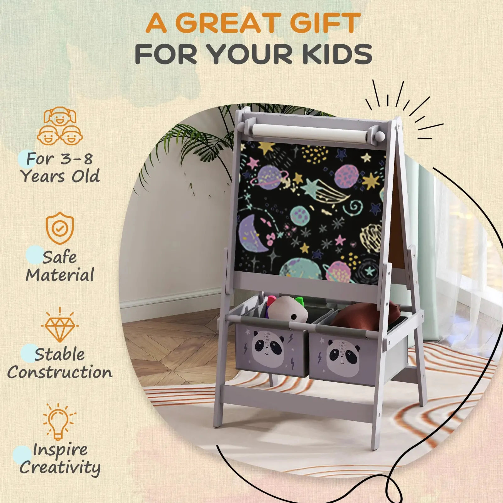 Kinder Little Helper Montessori Staffelei | Doppelseitige Whiteboard- und Kreidetafel-Malstaffelei mit Papierrolle | 2 Aufbewahrungsboxen | Earl Grey