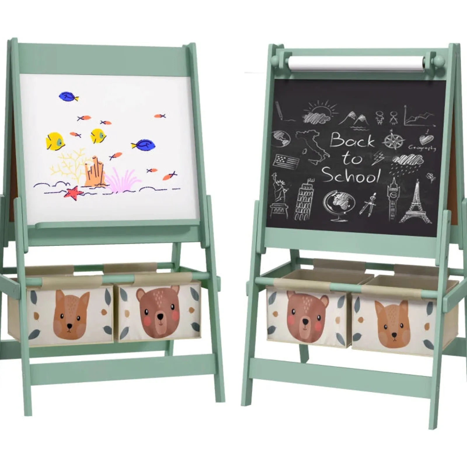 Kinder Little Helper Montessori Staffelei | Doppelseitige Whiteboard- und Kreidetafel-Malstaffelei mit Papierrolle | 2 Aufbewahrungsboxen | Salbeigrün
