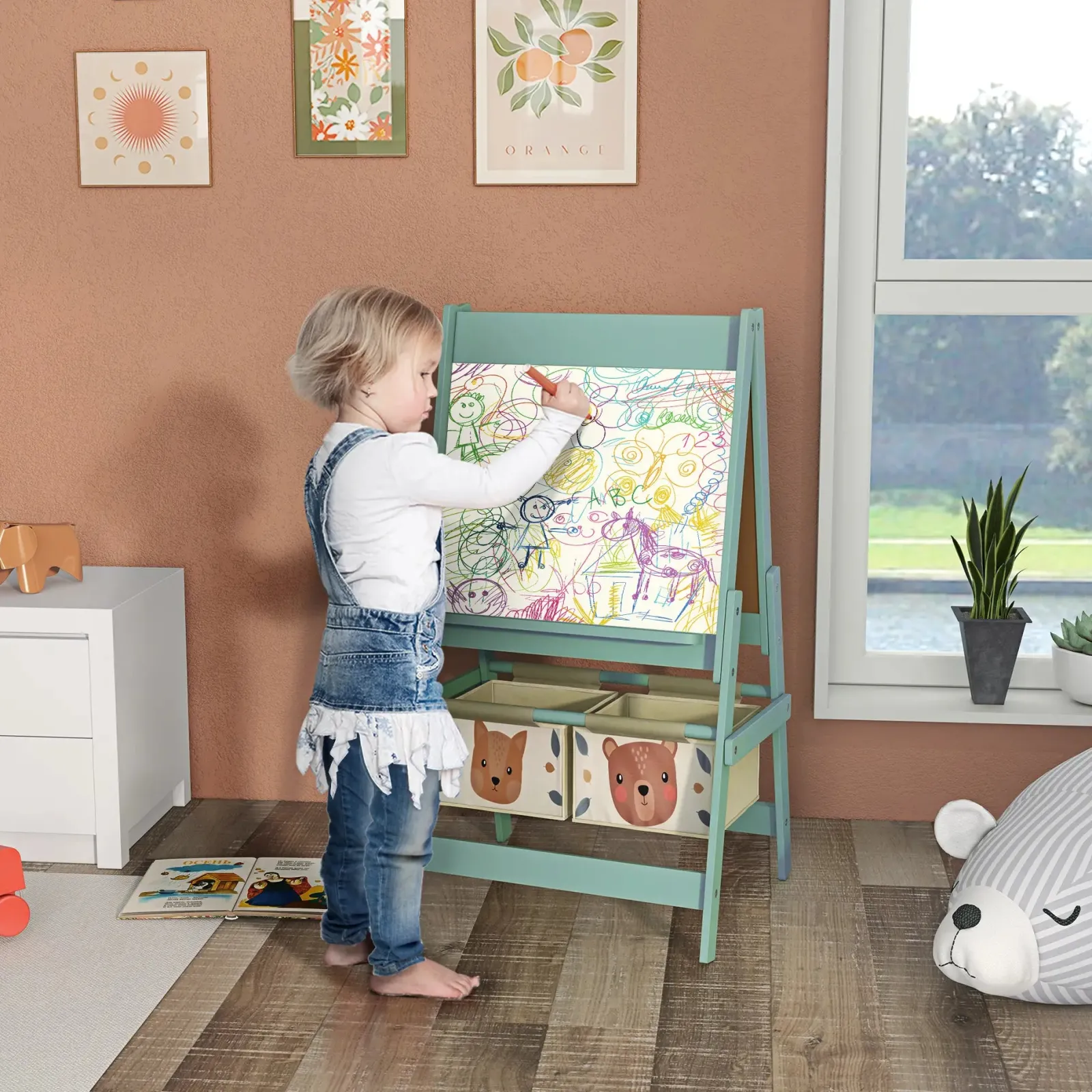 Kinder Little Helper Montessori Staffelei | Doppelseitige Whiteboard- und Kreidetafel-Malstaffelei mit Papierrolle | 2 Aufbewahrungsboxen | Salbeigrün