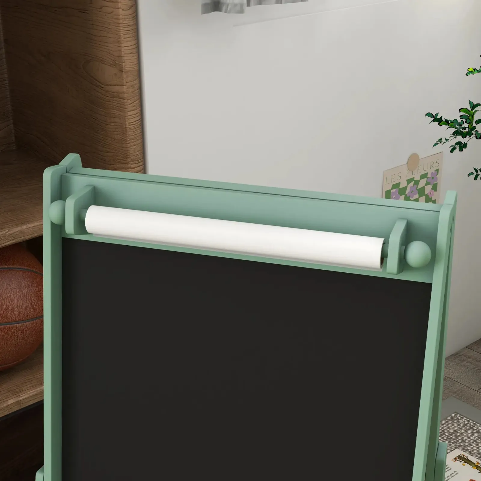 Kinder Little Helper Montessori Staffelei | Doppelseitige Whiteboard- und Kreidetafel-Malstaffelei mit Papierrolle | 2 Aufbewahrungsboxen | Salbeigrün