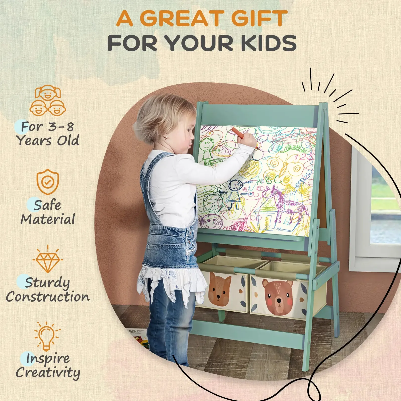 Kinder Little Helper Montessori Staffelei | Doppelseitige Whiteboard- und Kreidetafel-Malstaffelei mit Papierrolle | 2 Aufbewahrungsboxen | Salbeigrün
